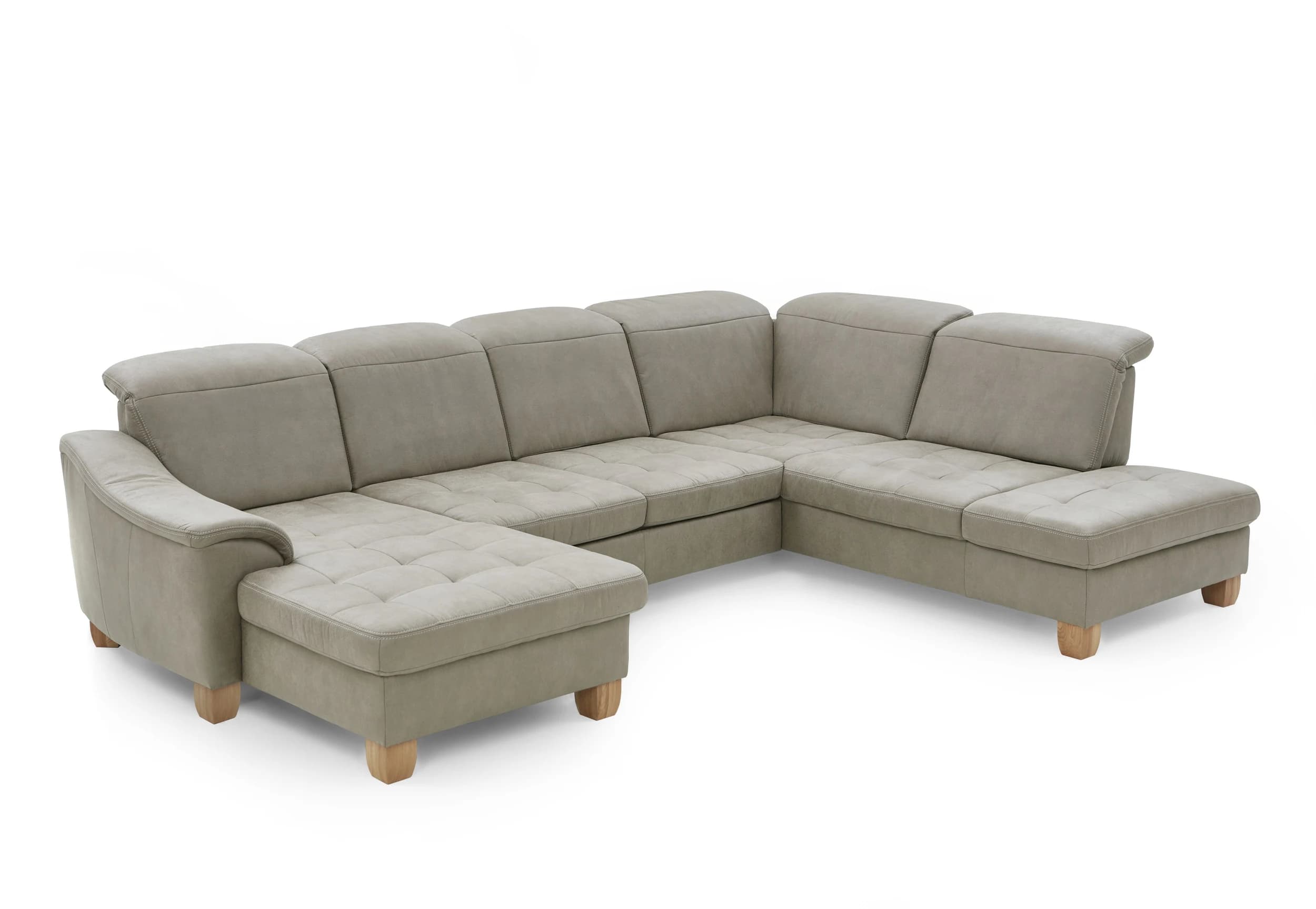 Wohnlandschaft - Longchair links mit 2,5-Sitzer und Ecke rechts, Kopfteil verstellbar, Stoff, Platin