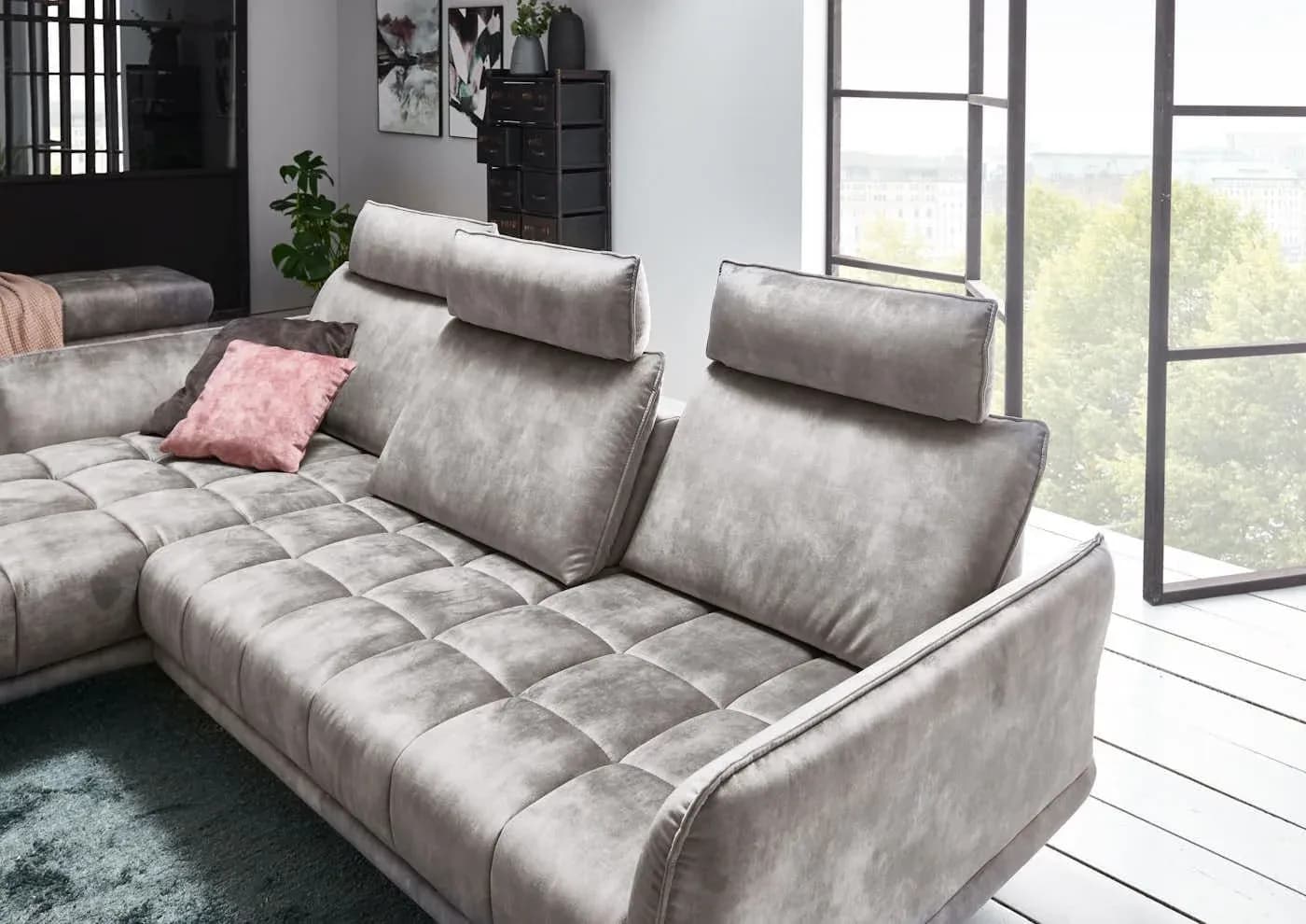 Ecksofa - Longchair links mit 3-Sitzer, Armlehne/Sitztiefe verstellbar (manuell), Velourstoff, Silbergrau