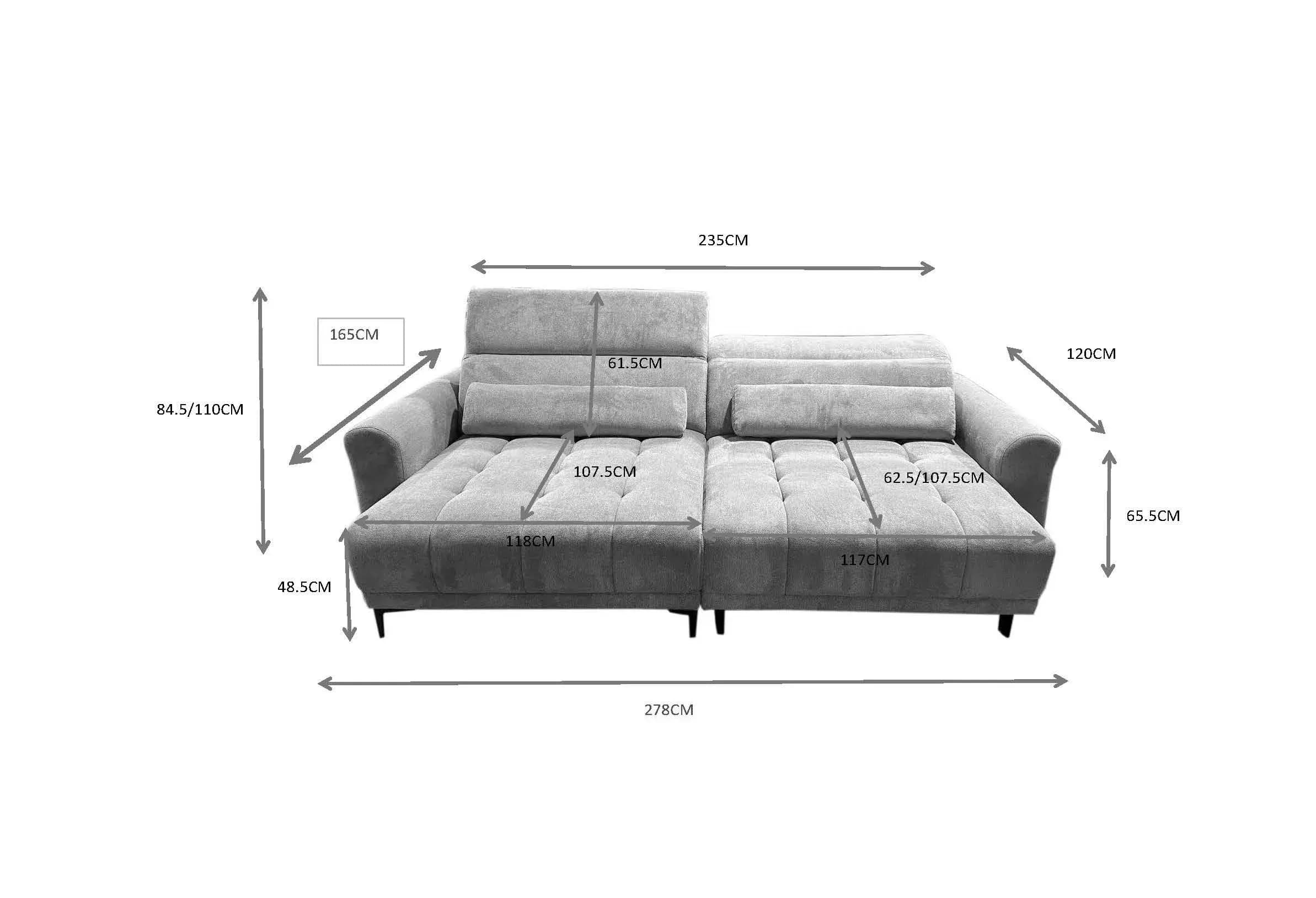 Ecksofa MINAO - 1,5-Sitzer mit Longchair rechts, Sitztiefe verstellbar motorisch, Kopfteil verstellbar, Stoff, Truffle