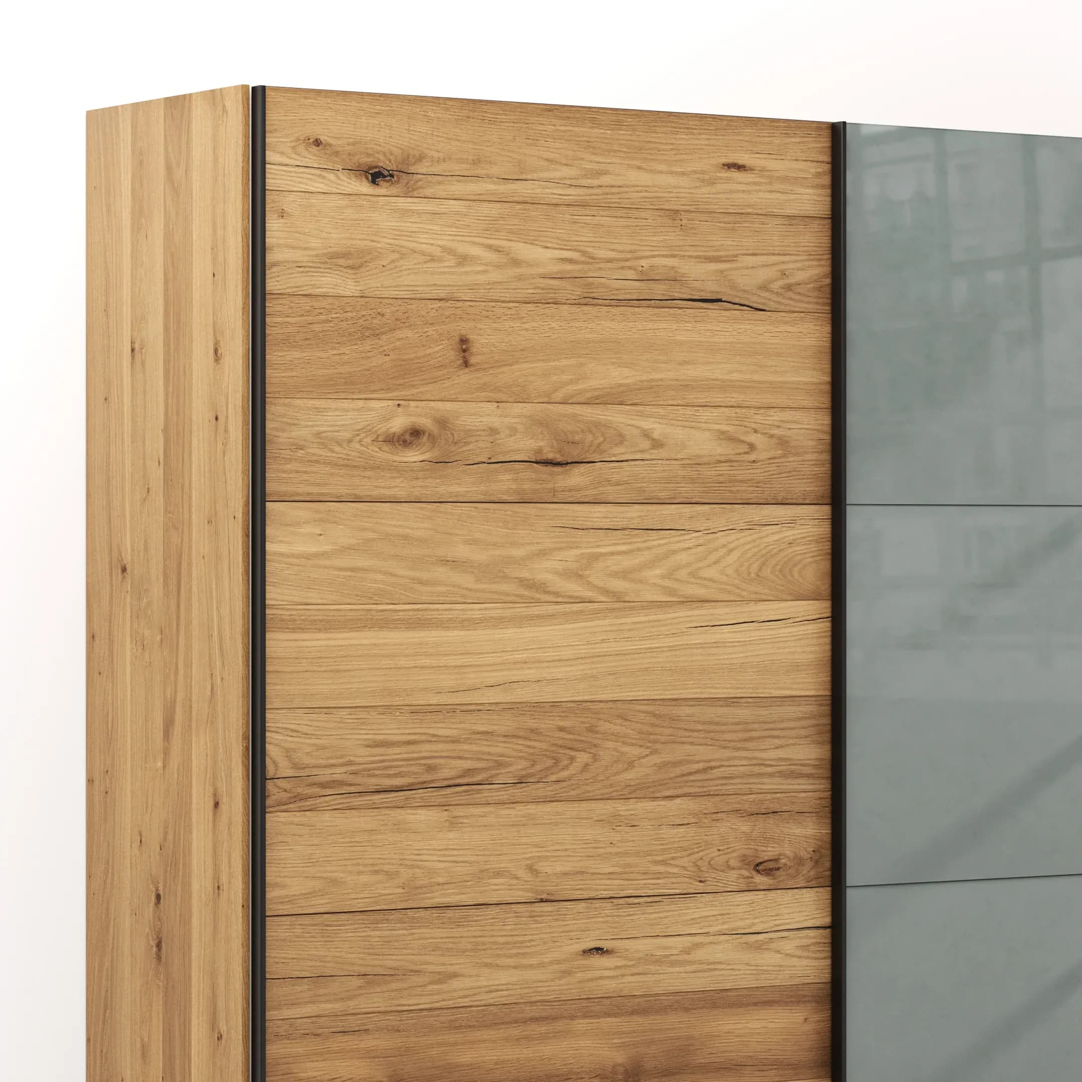 Schwebetürenschrank Colorado - B. ca. 257 cm, Eiche, Glas Graugrün