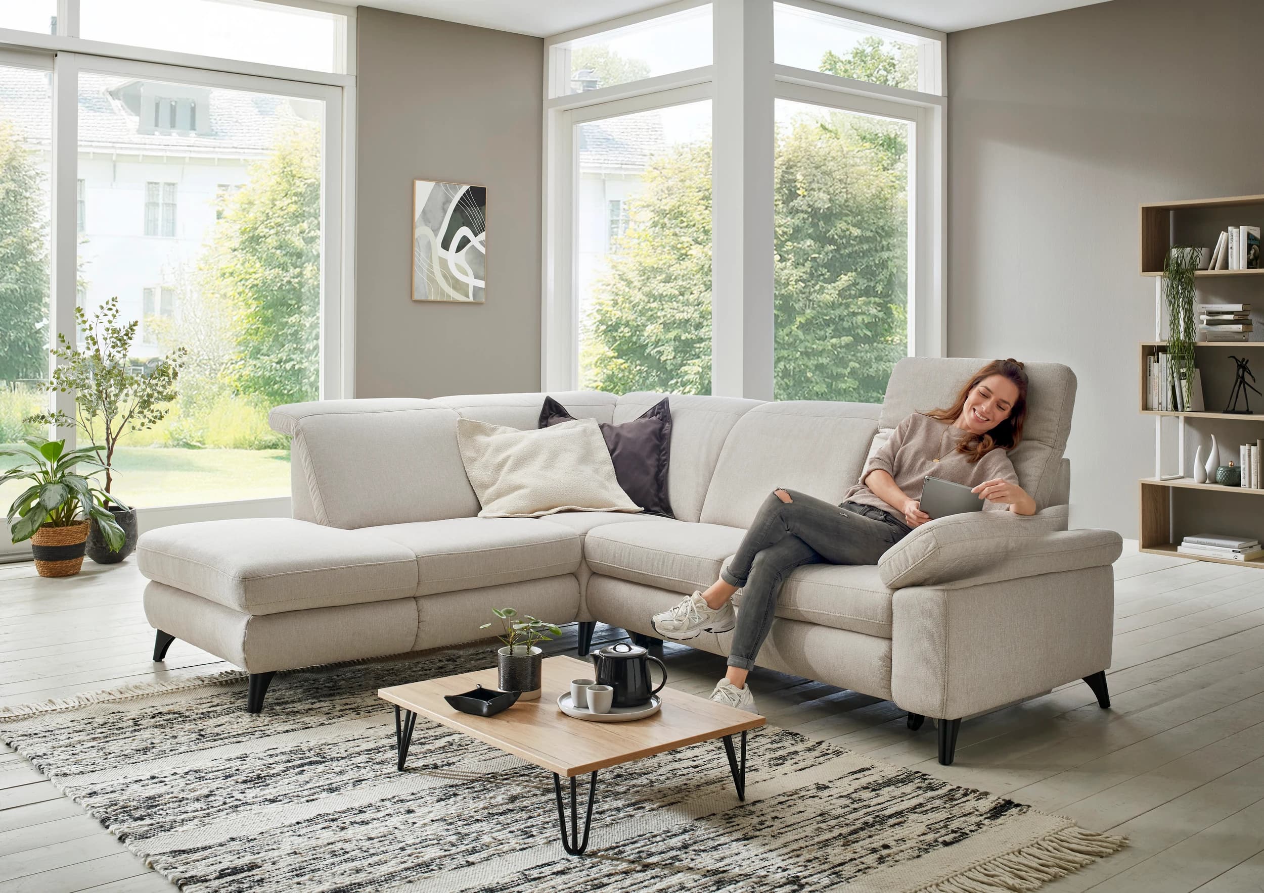 Ecksofa - Ecke links mit 2-Sitzer, Stoff, Beige