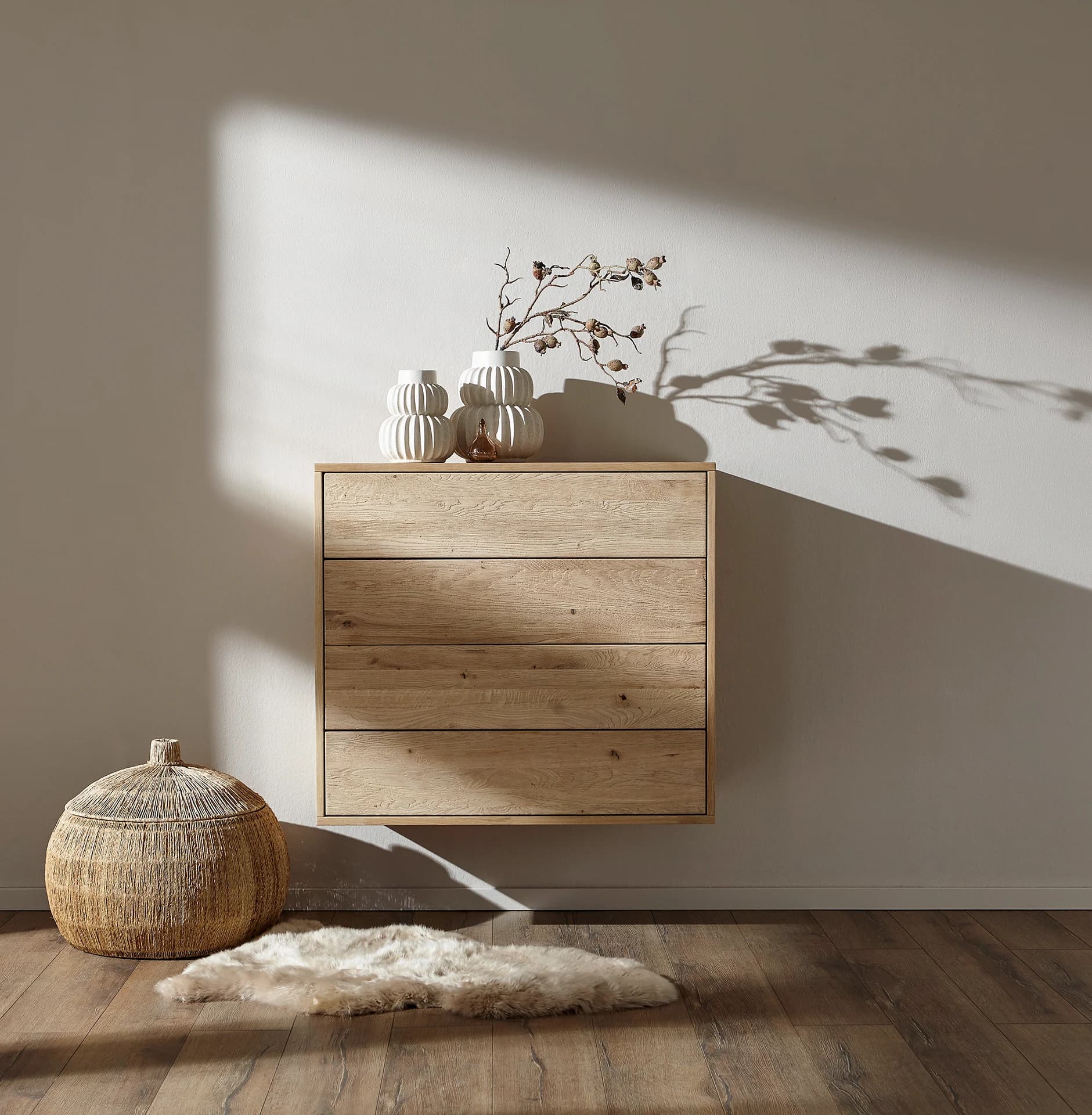 Sideboard Williston - Wildeiche bianco, Schubkastenfront sandgestrahlt