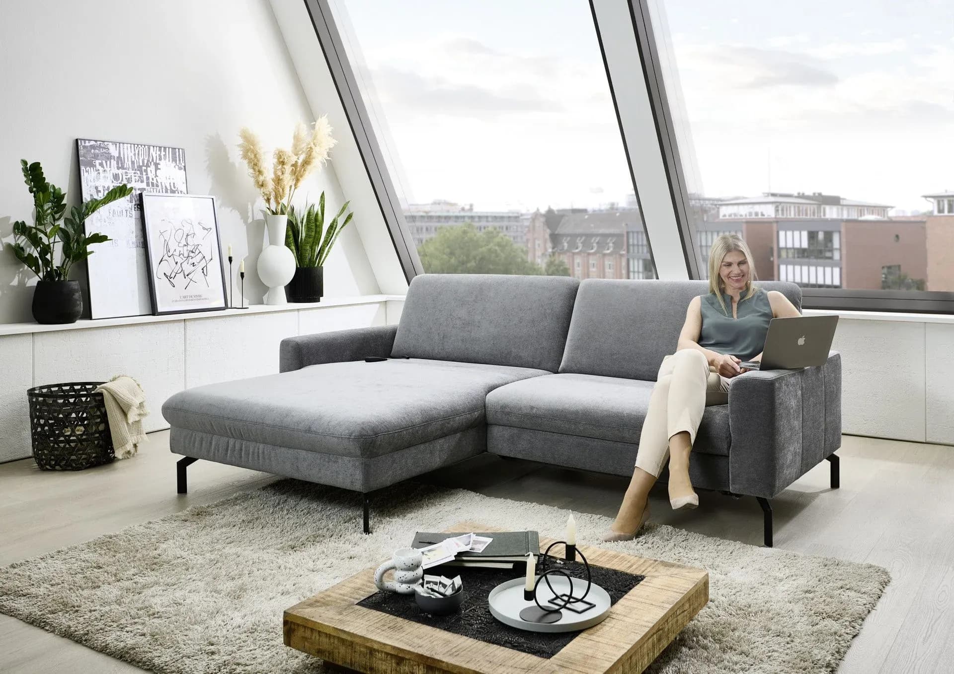 Ecksofa - Longchair links mit 1,5-Sitzer, Stoff, Anthrazit
