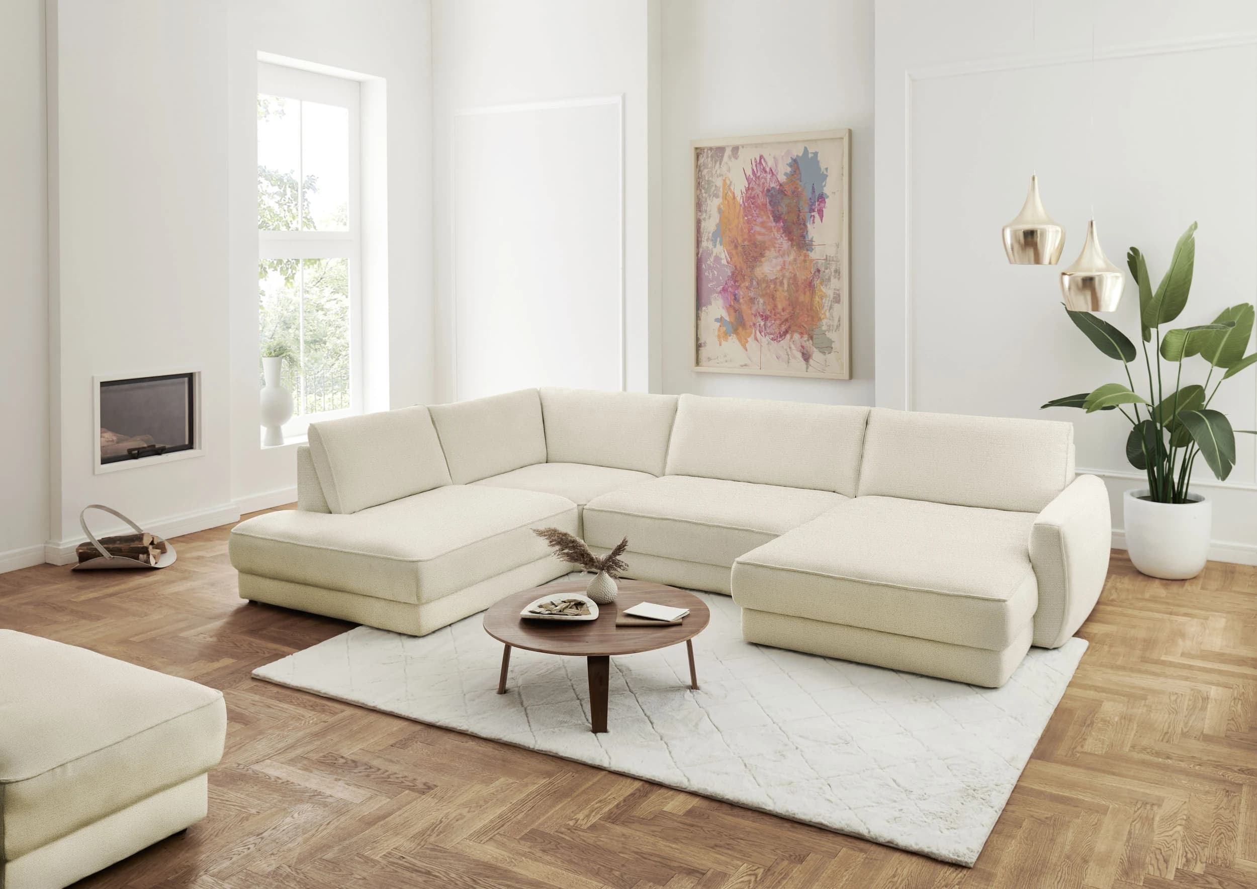 Wohnlandschaft - Ecke links mit Sofa 2-Sitzer und Longchair rechts, Stoff, Natur