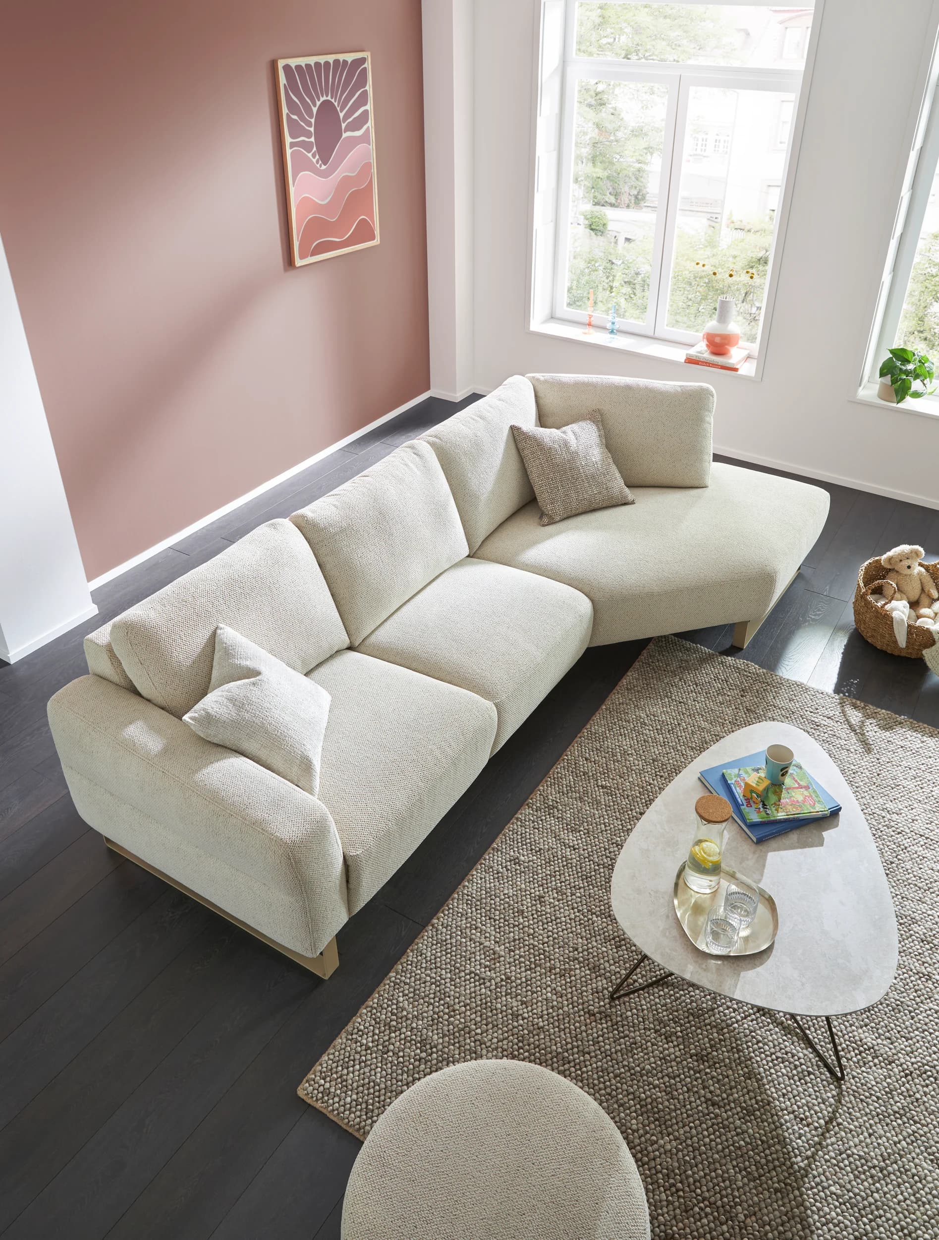 Ecksofa Leona - 2,5-Sitzer mit Ecke rechts, Stoff, Creme
