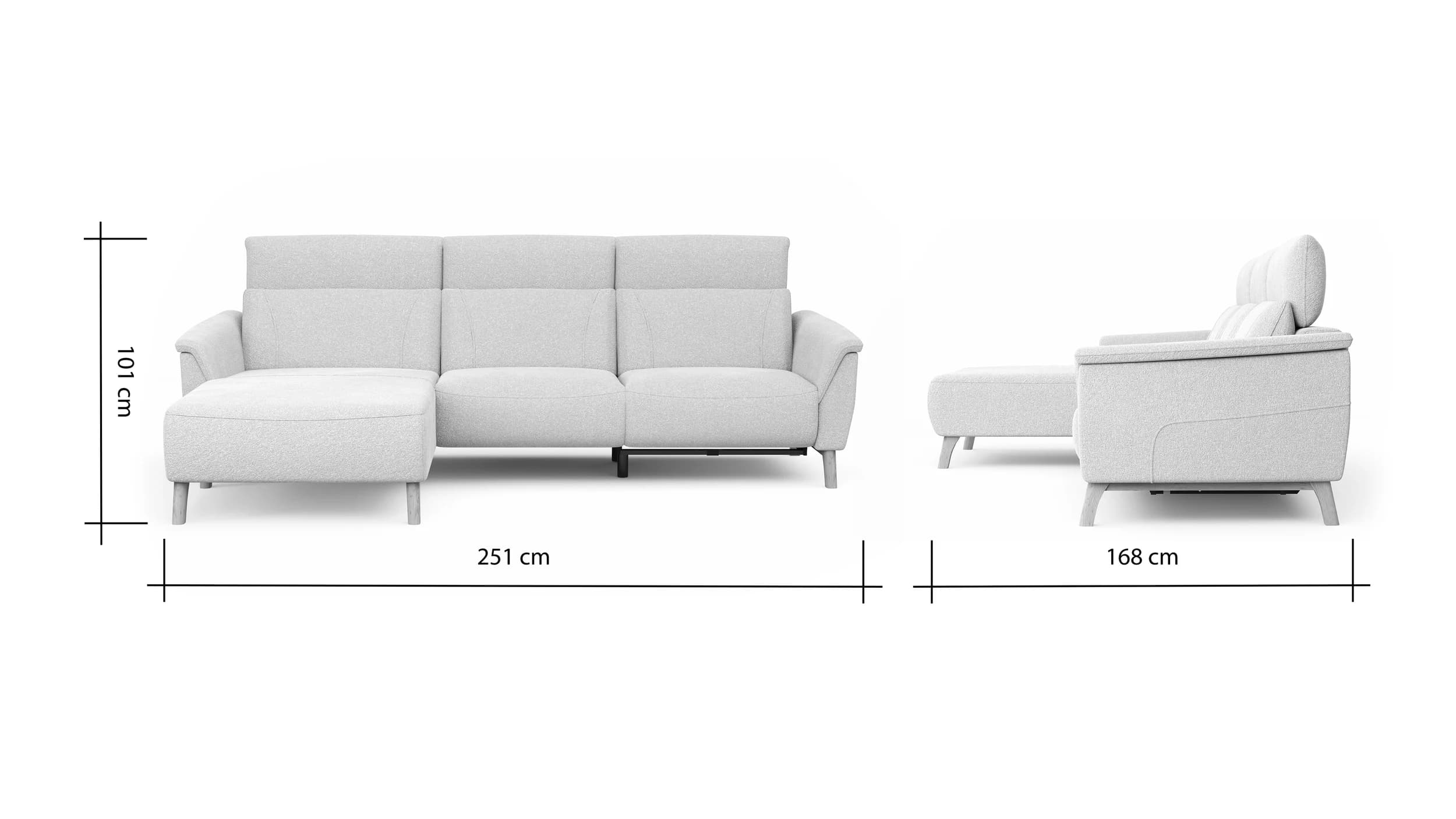 Ecksofa Nevin - Longchair links mit 2-Sitzer rechts, inkl. Relaxfunktion (motorisch) und Kopfpolsterverstellung, Stoff, Weiß