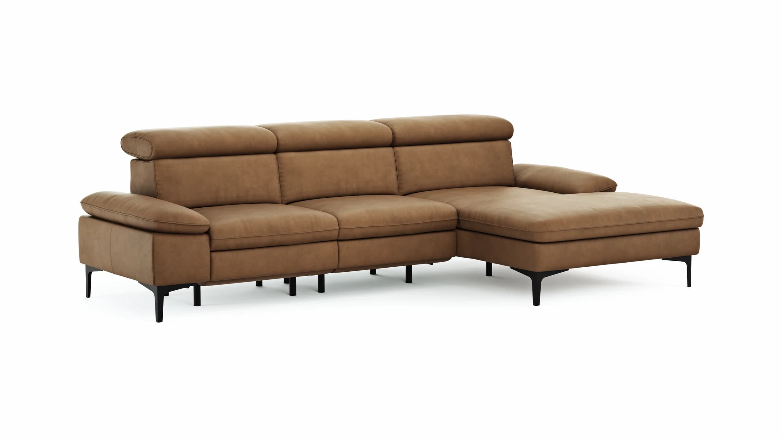 Ecksofa Felipa - 2,5-Sitzer mit Longchair rechts inkl. Armlehne verstellbar und Rückenlehne/Sitztiefe verstellbar (motorisch), Leder, Cognac