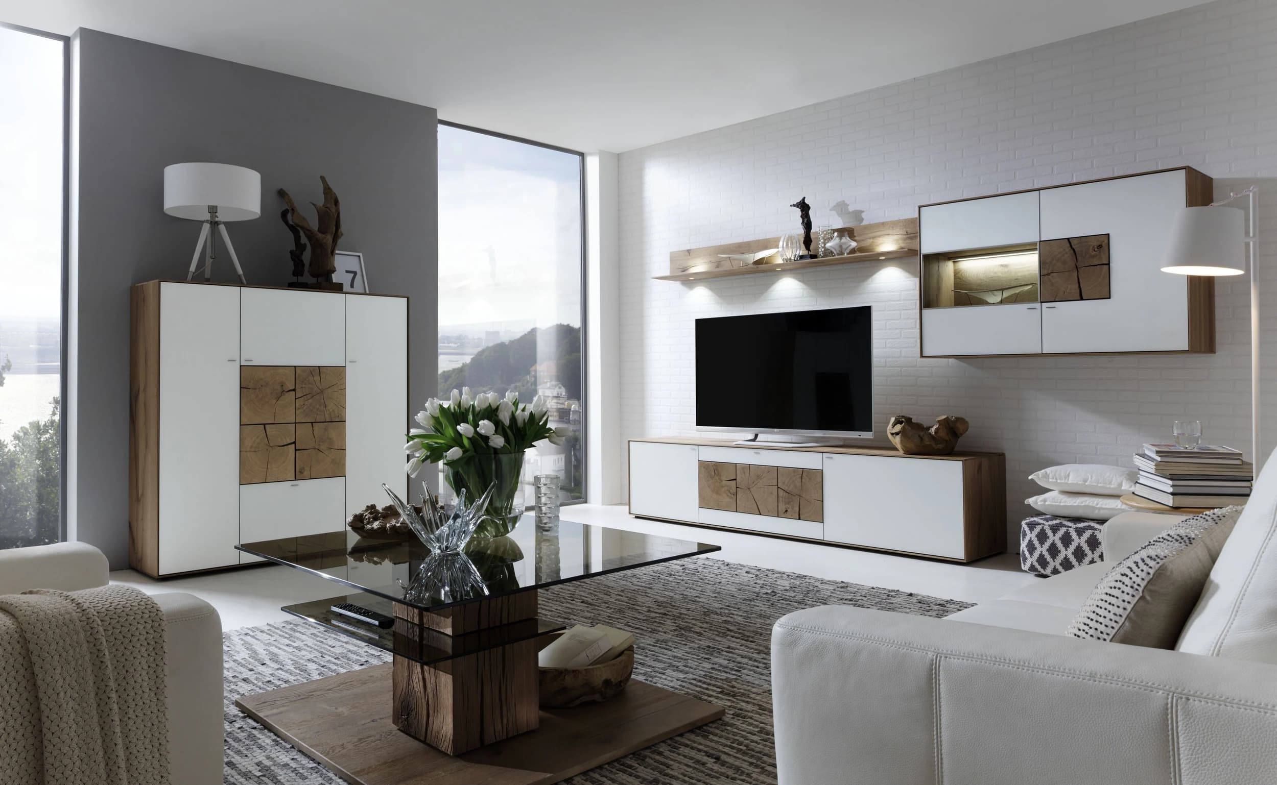 Highboard - Kerneiche massiv, Mattglas, Weiß mit Hirnholzscheiben