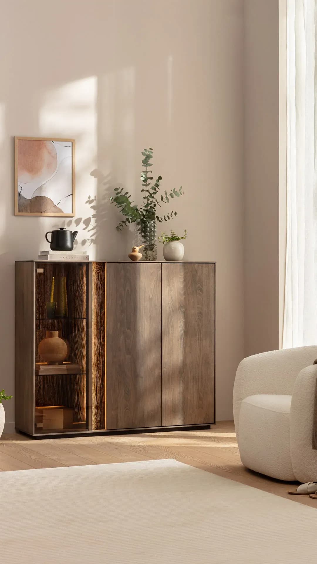 Highboard Saratoga - inkl. Beleuchtung, Buche massiv, silbergrau geölt