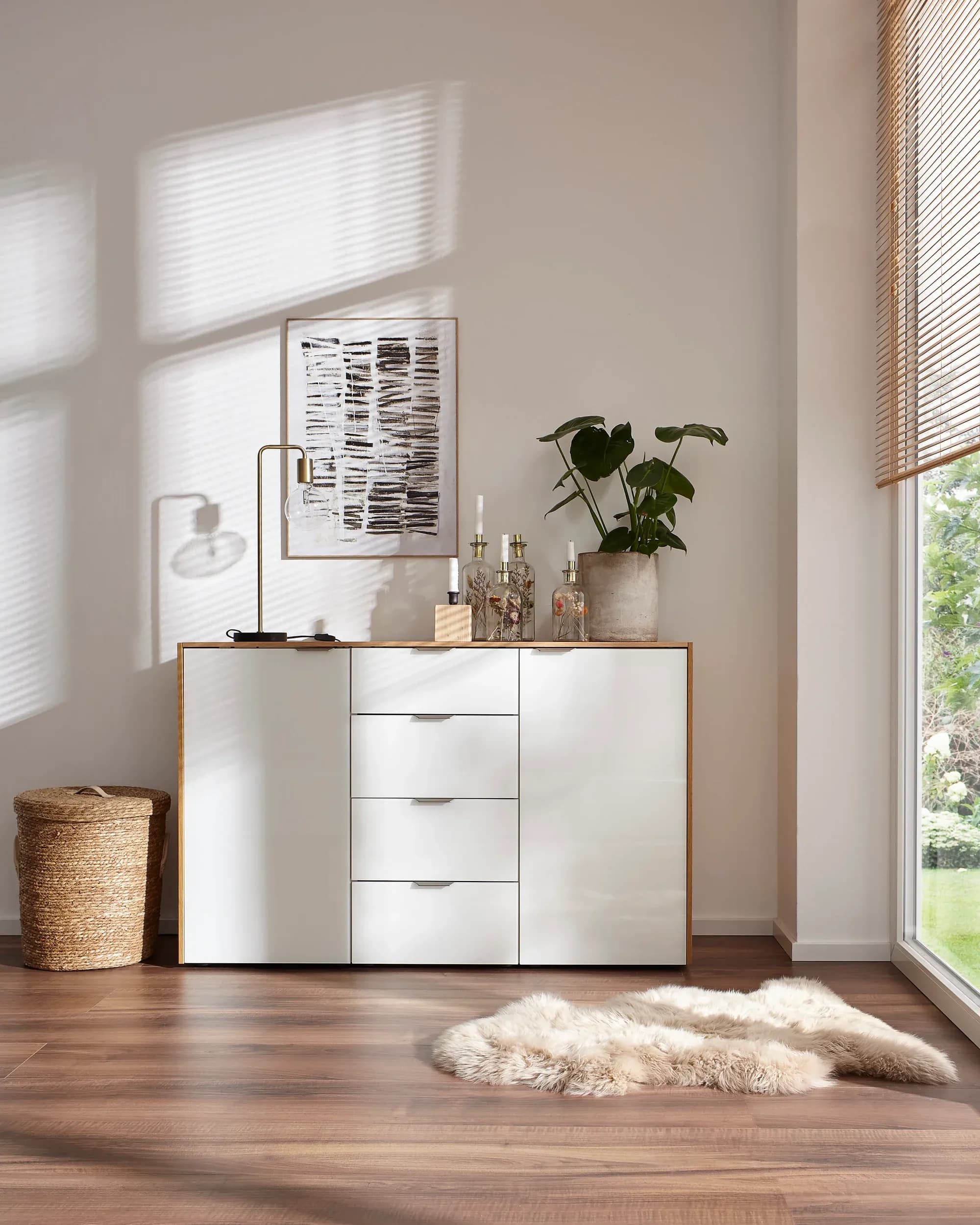 Kommode Colorado Beimöbel - BHT ca. 138x87x43 cm, Glas weiß mit Eiche furniert