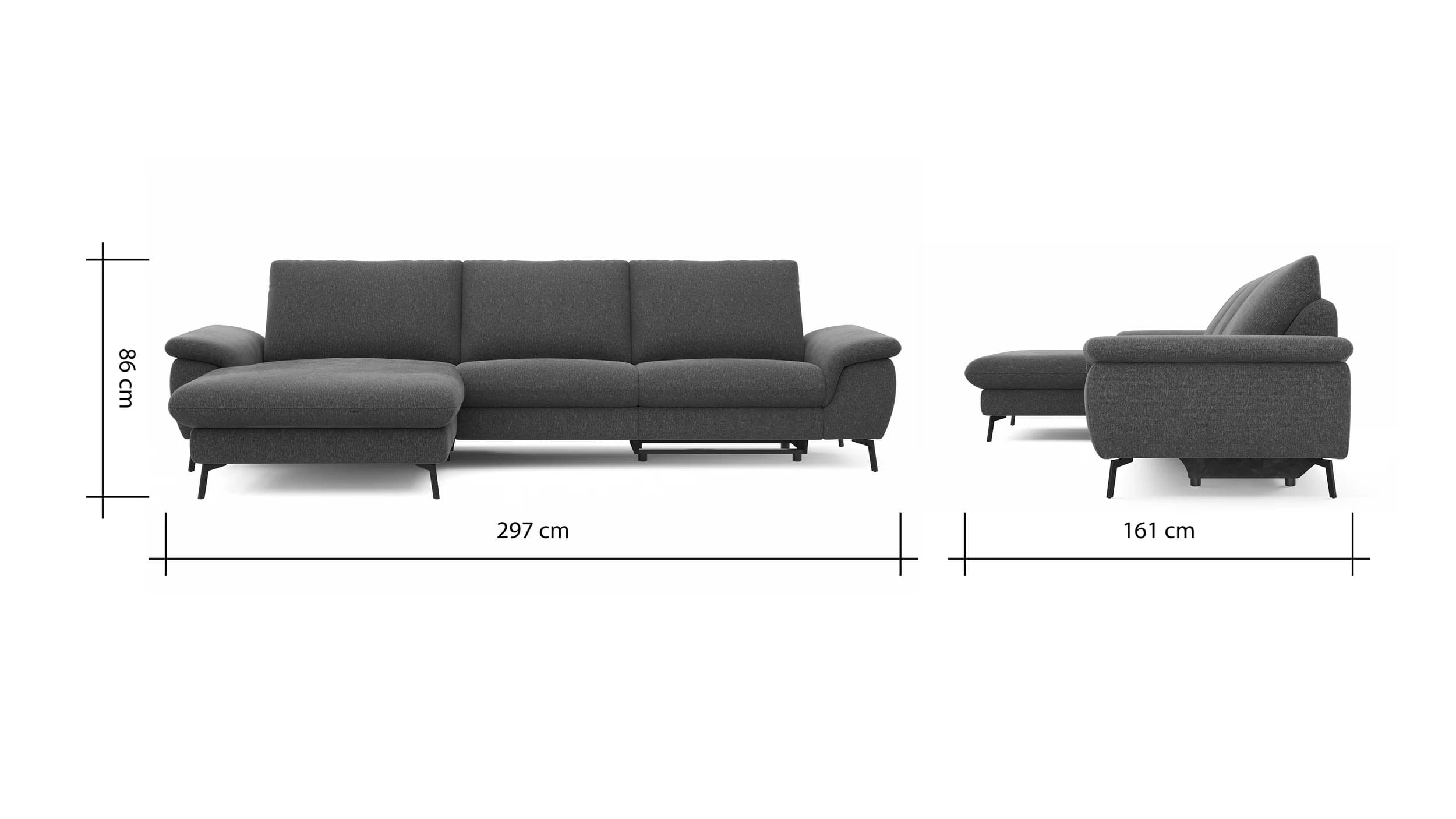 Ecksofa Gotera - Longchair groß mit 1,5-Sitzer med + 1,5-Sitzer med rechts inkl. Schlaffunktion (teilmotorisch), Armlehne klappbar, Rückenlehne verstellbar  und einmal Relaxfunktion (teilmotorisch), Stoff, Anthrazit