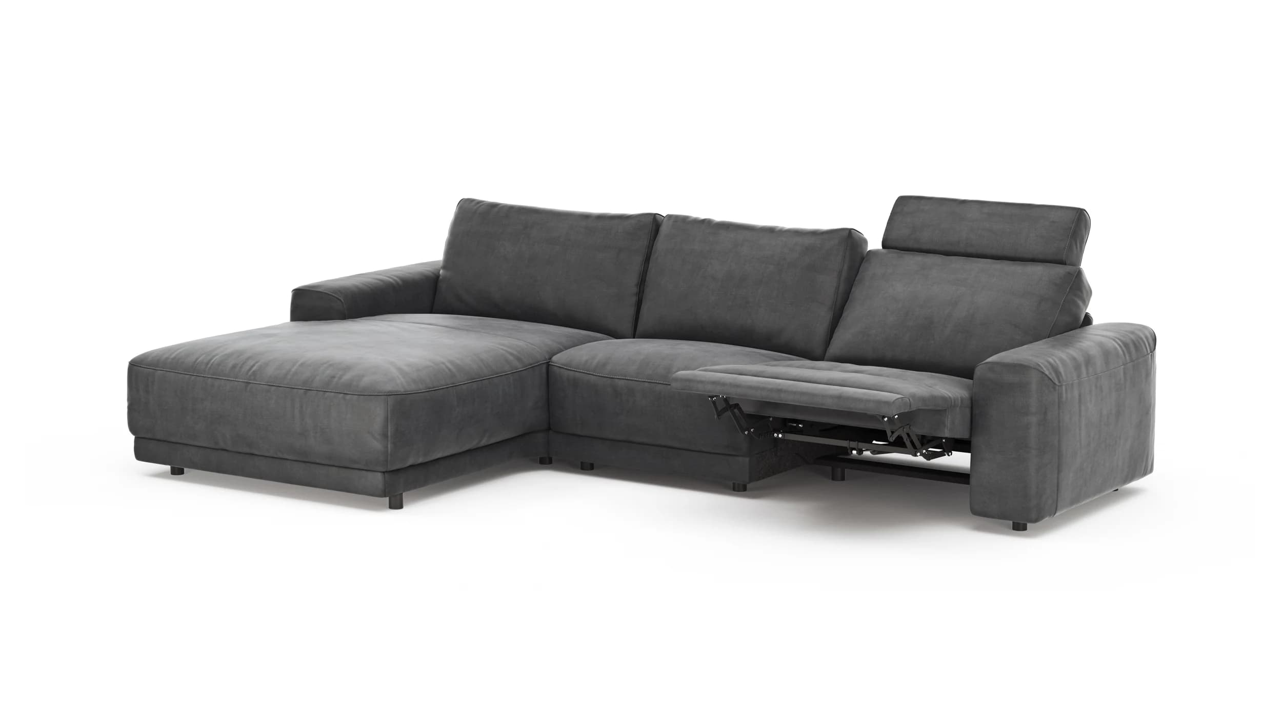 Ecksofa Balok - Longchair groß links mit 2,5-Sitzer, inkl. Relaxfunktion (motorisch) und Kopfstütze, Stoff, Anthrazit
