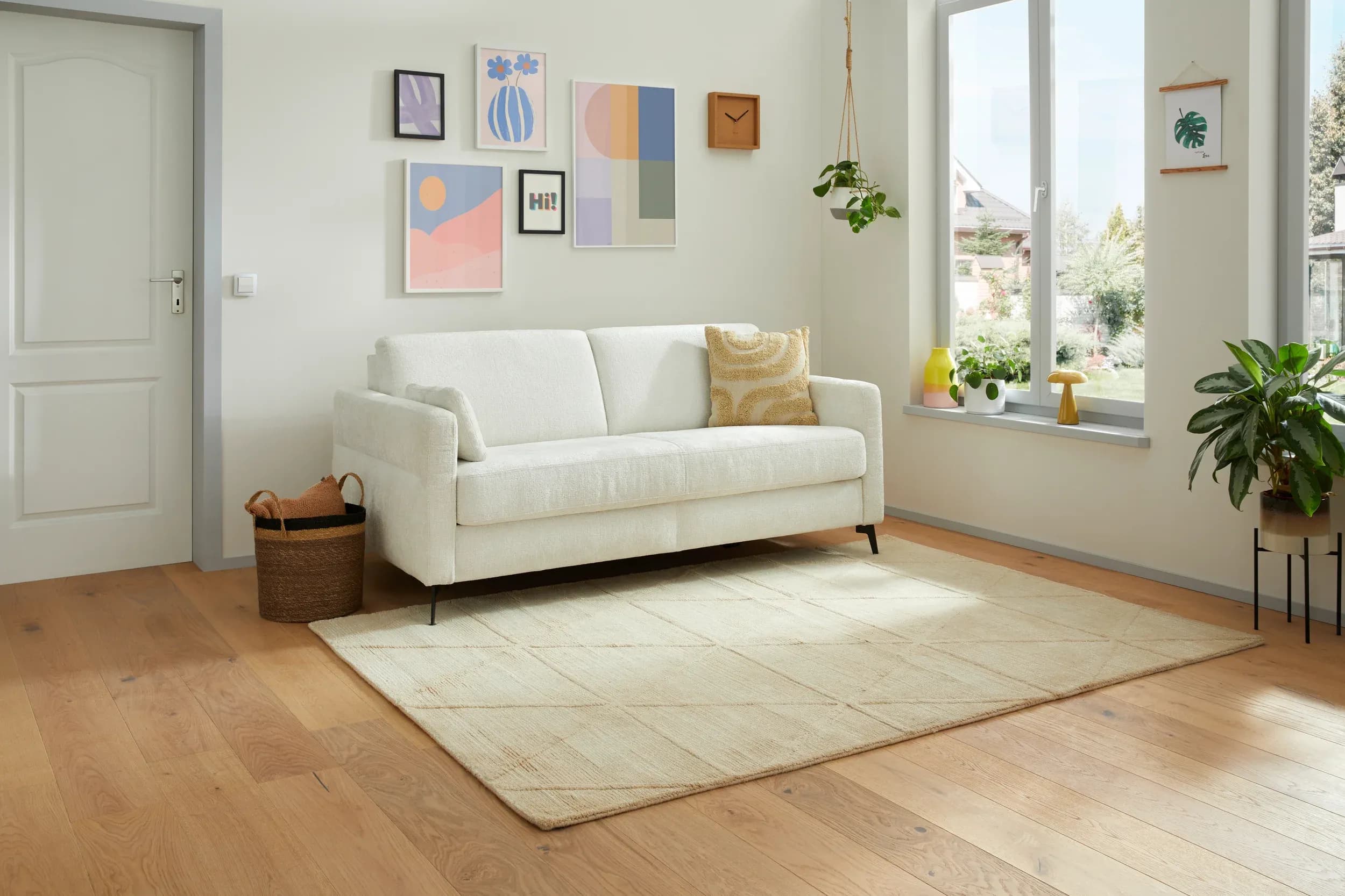 Schlafsofa Laredo - 2,5-Sitzer inkl. Schlaffunktion und Armlehne klappbar, Stoff, Offwhite