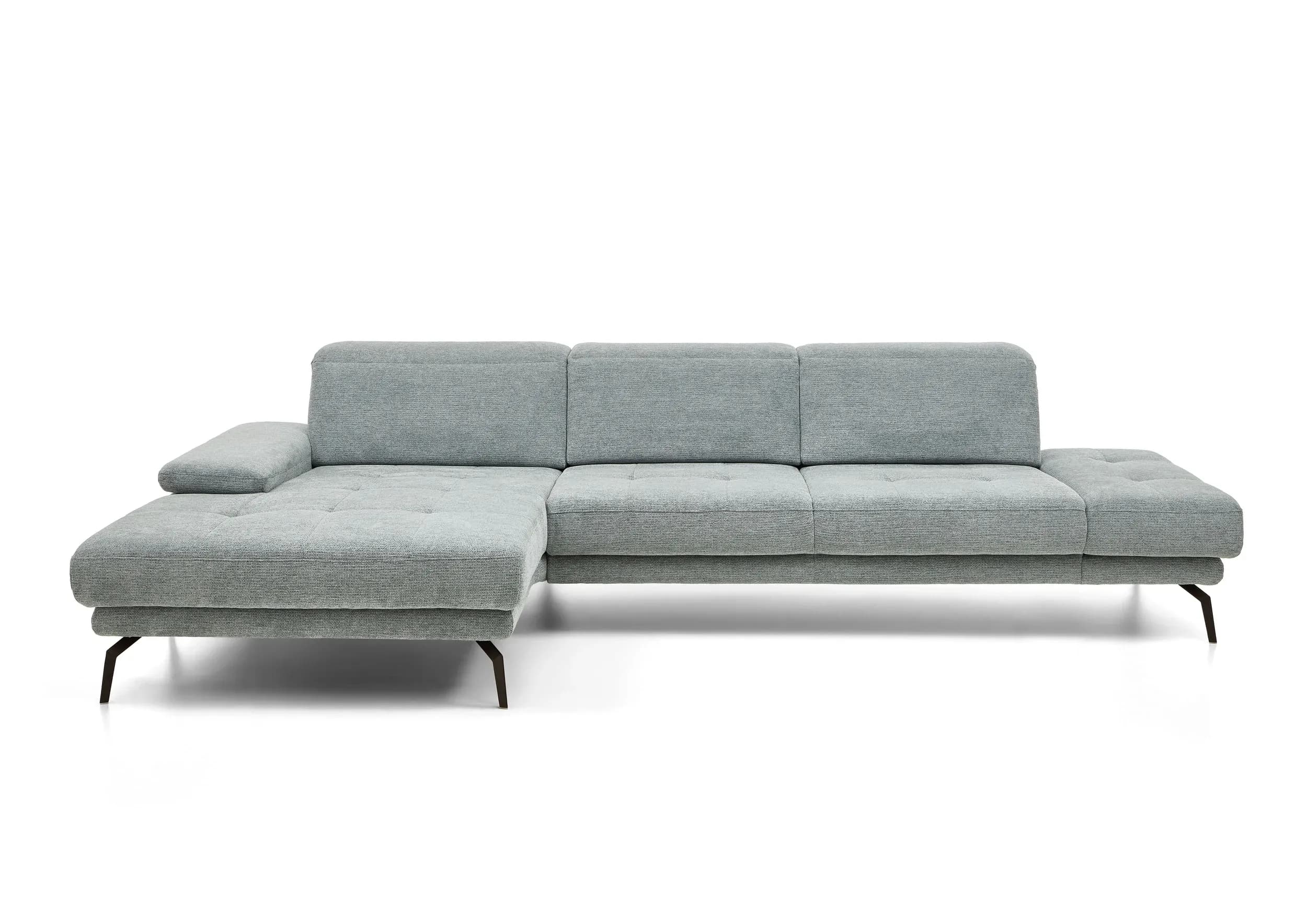 Ecksofa - Longchair links mit 3-Sitzer, Kopfteil verstellbar, Stoff, Hellblau