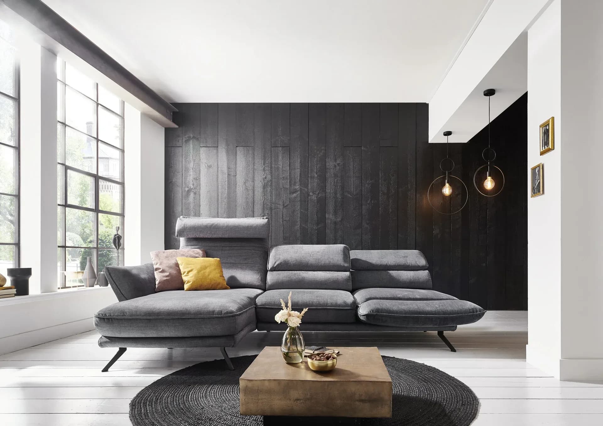 Ecksofa - Longchair links mit 2,5-Sitzer, inkl. Kopfteil/Armlehne/Sitztiefe verstellbar, Stoff, Grau