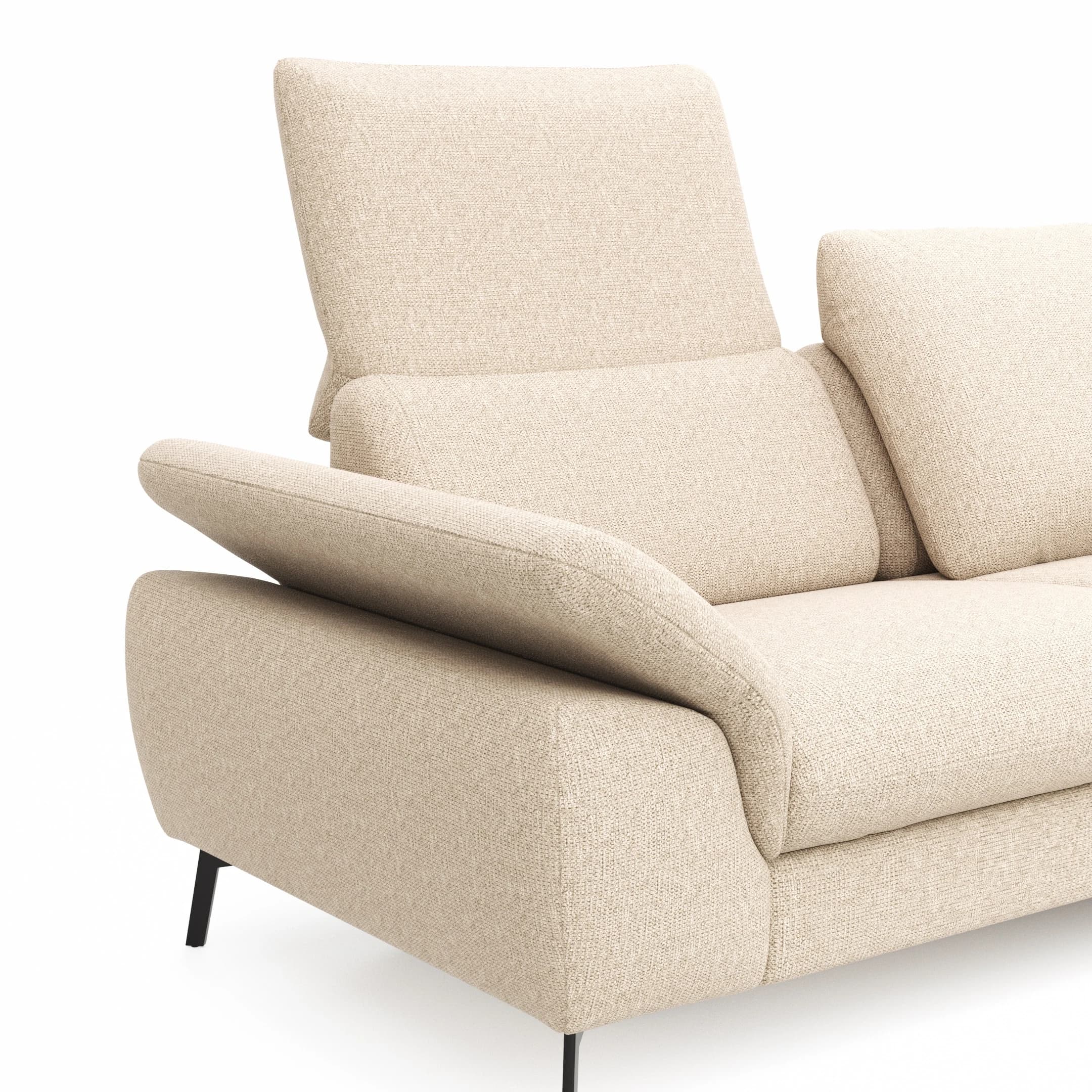 Ecksofa Gotera - 1,5-Sitzer med + 1,5-Sitzer med mit Longchair groß rechts inkl. Schlaffunktion (teilmotorisch), Armlehne klappbar, Rückenlehne verstellbar  und einmal Relaxfunktion (teilmotorisch), Stoff, Creme