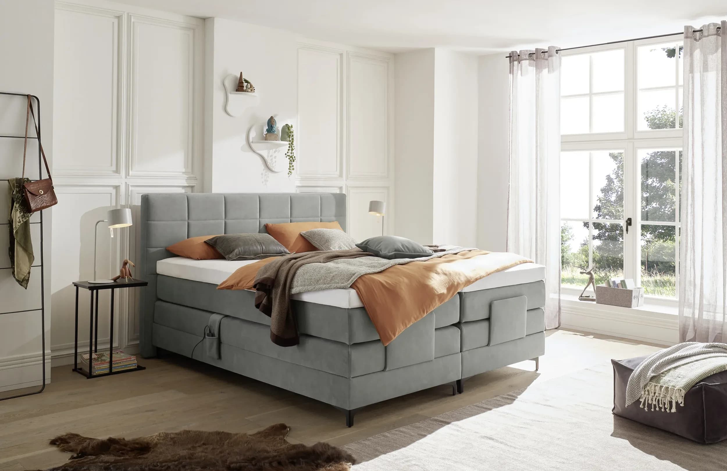 Boxspringbett EM Mirano - mit Motor, Matratze, Topper, Liegefläche ca. 180x200 cm, Stoff, Grau