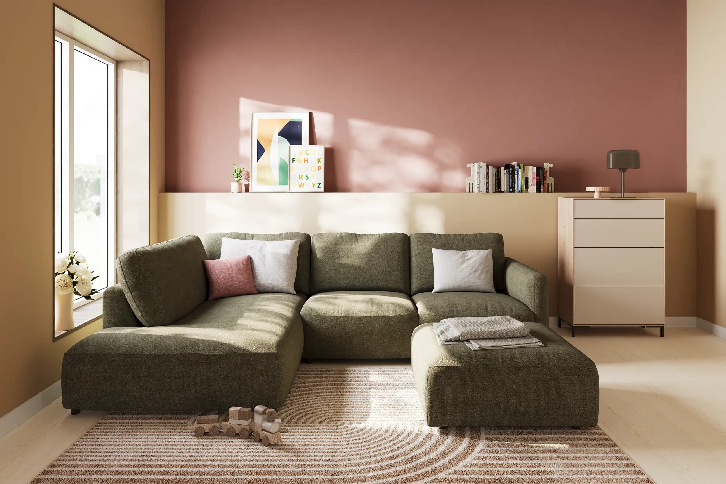 Ecksofa Liendo - Ecke und Abschlussteil mit 2-Sitzer rechts inkl. Sitzvorzug motorisch, Stoff, Olivgrün
