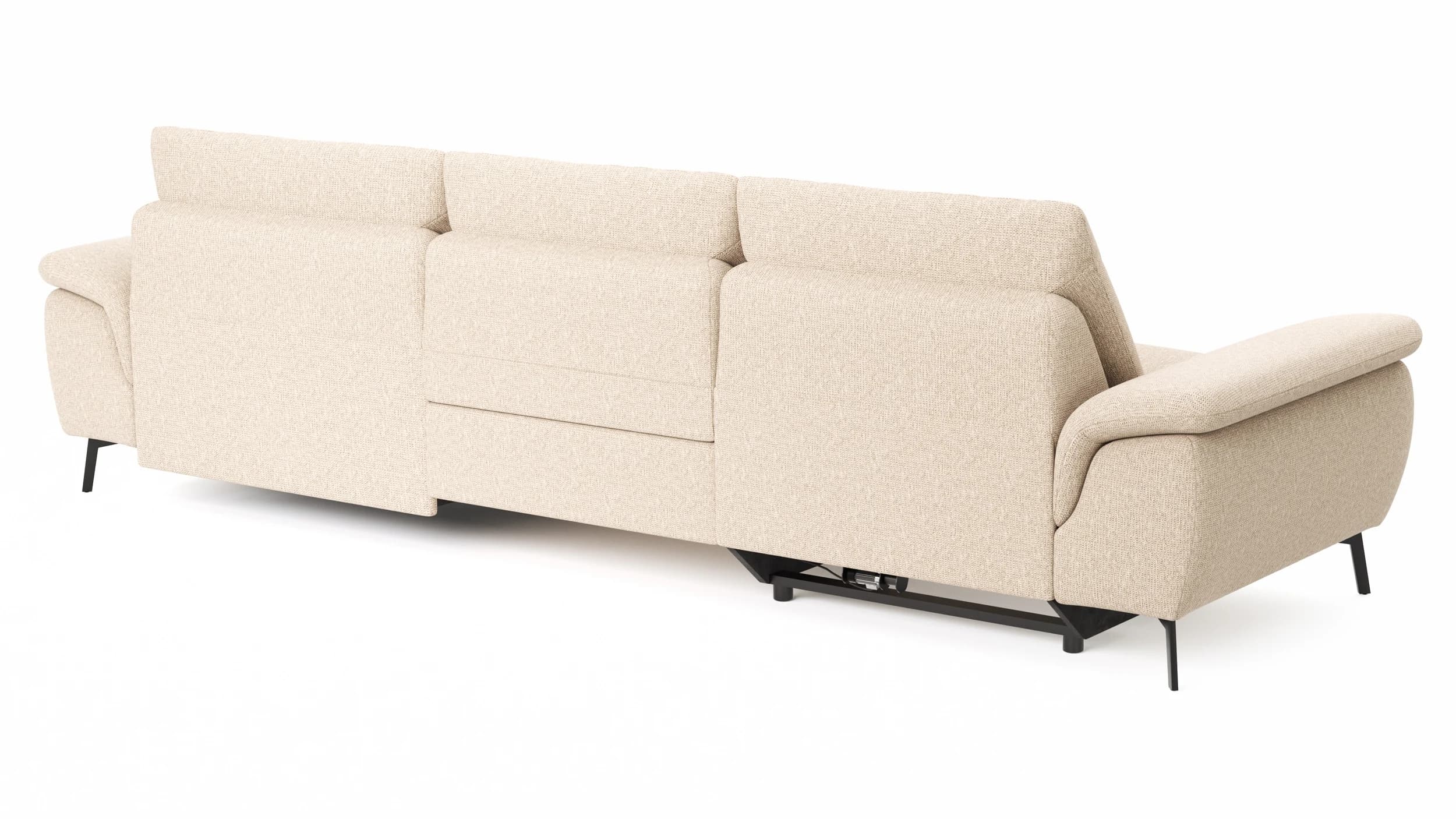 Ecksofa Gotera - 1,5-Sitzer med + 1,5-Sitzer med mit Longchair groß rechts inkl. Schlaffunktion (teilmotorisch), Armlehne klappbar, Rückenlehne verstellbar  und einmal Relaxfunktion (teilmotorisch), Stoff, Creme