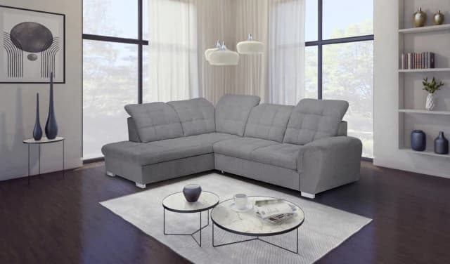 Ecksofa - Ecke links, 2-Sitzer inkl. Schlaffunktion und Bettkasten, verstellbare Kopfstützen, Stoff, Grau
