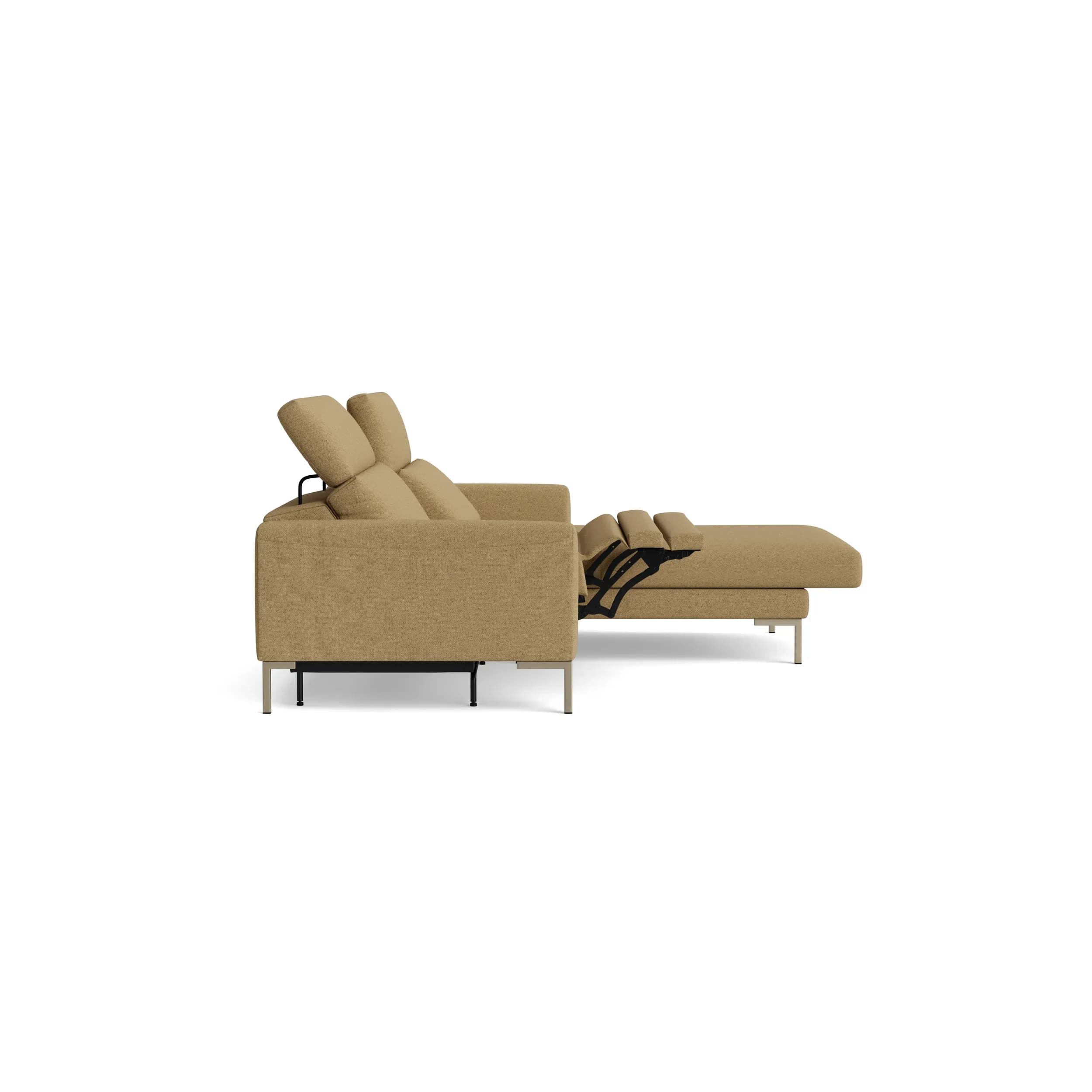 Sofa Braska - 1,75-Sitzer mit Longchair rechts, inkl. Relaxfunktion (motorisch) und Kopfstütze verstellbar, Stoff, Rauchbraun