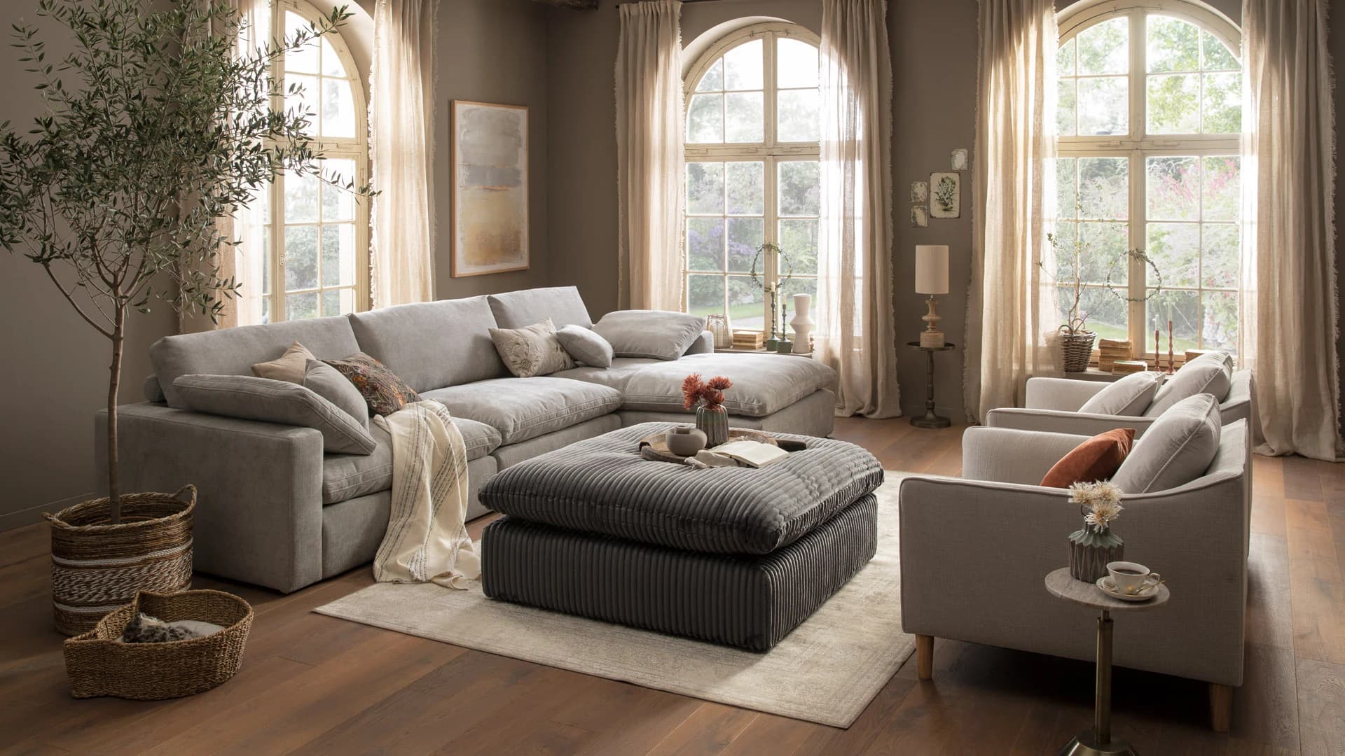 Ecksofa Palmdale - 3-Sitzer mit Longchair rechts, inkl. Kissen, Stoff, Graubeige