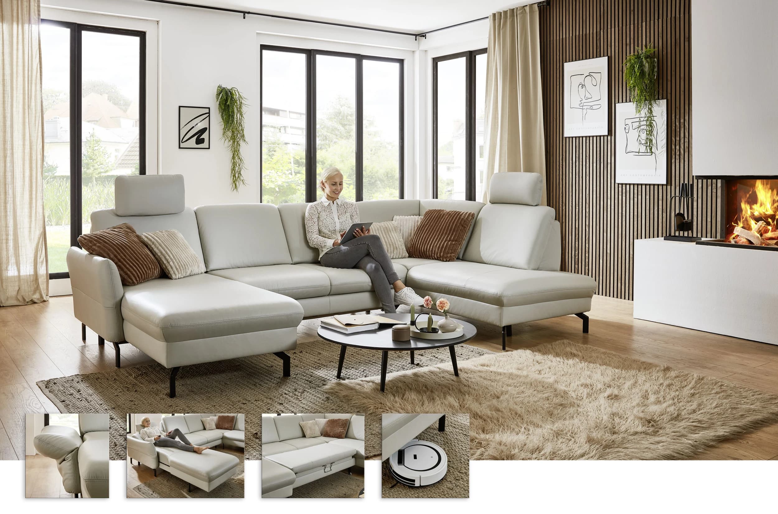 Wohnlandschaft - Longchair links mit 2,5-Sitzer und Ecke rechts, Leder, Silbergrau