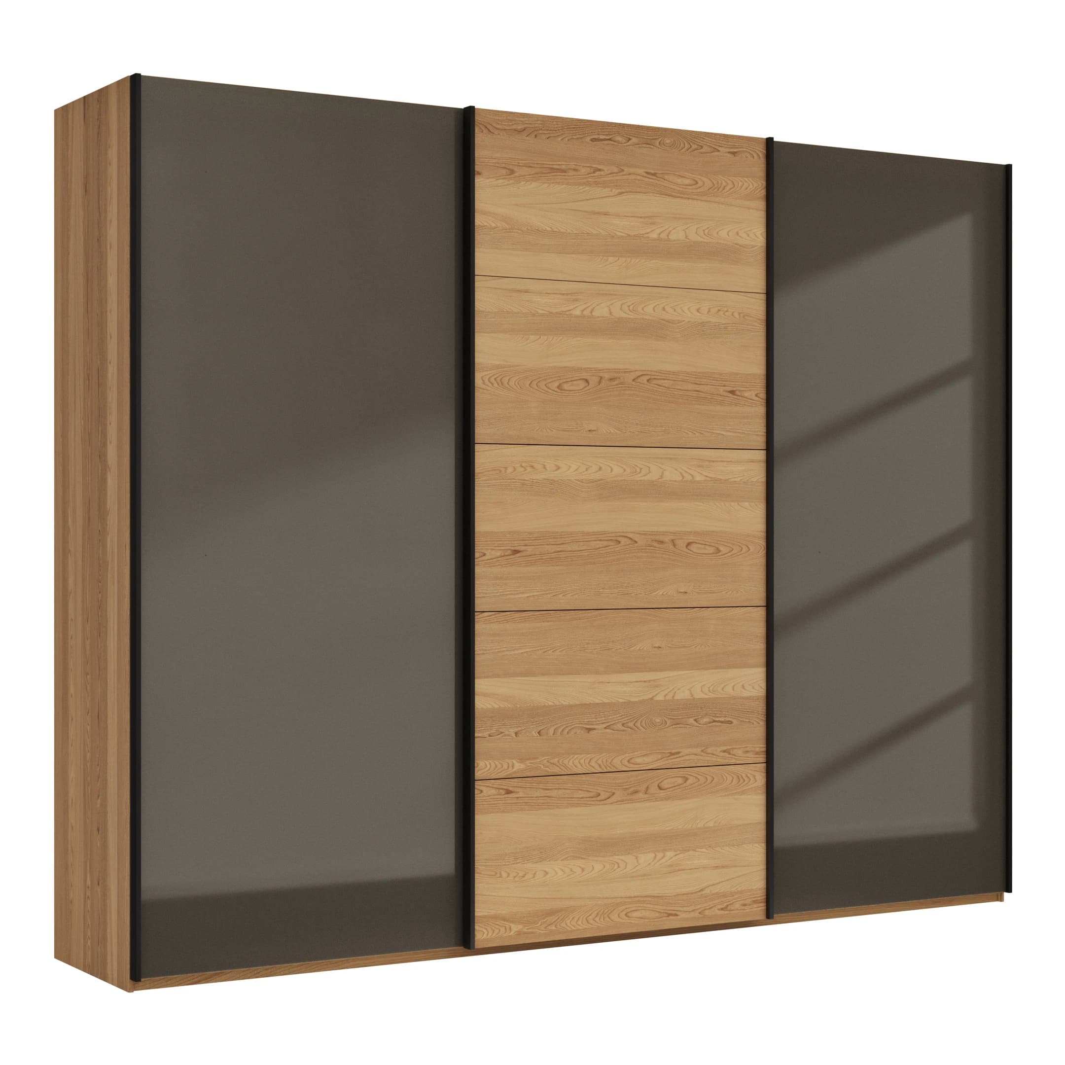 Schwebetürenschrank Lenoso - B. ca. 300 cm, Eiche massiv, Glas Dunkelbraun