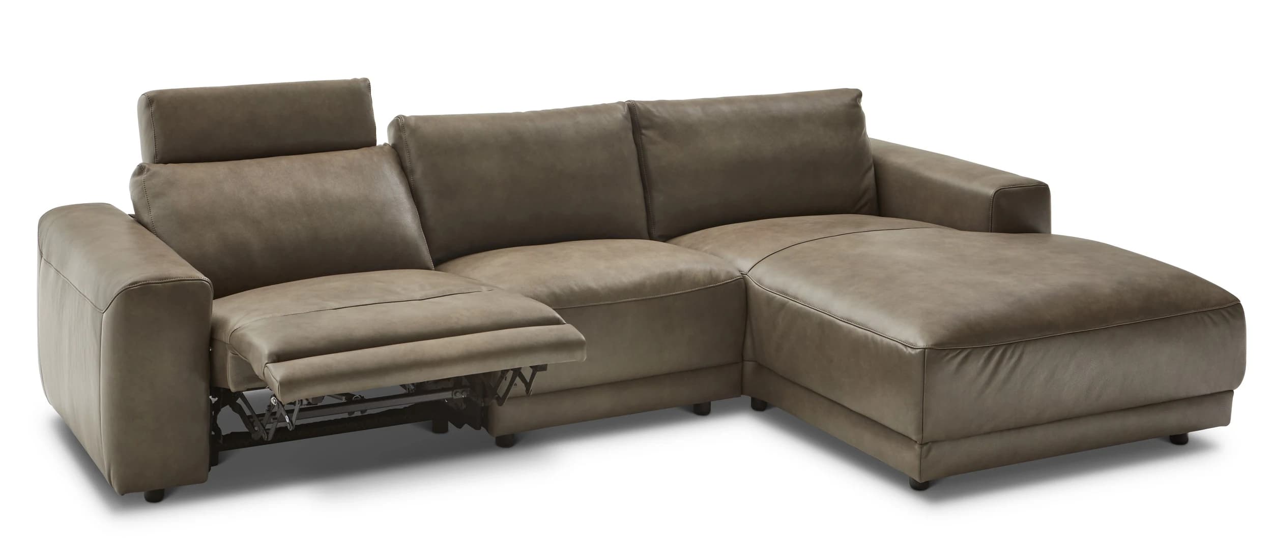 Ecksofa Balok - 2,5-Sitzer mit Longchair groß rechts, inkl. Relaxfunktion (motorisch) und Kopfstütze, Leder, Braungrün