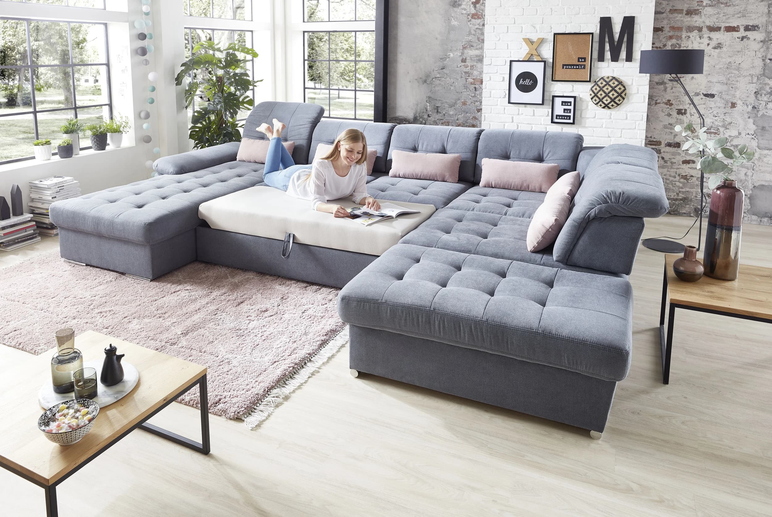Wohnlandschaft - Longchair links, 3-Sitzer, Ecke rechts inkl. Schlaffunktion, Bettkasten, 