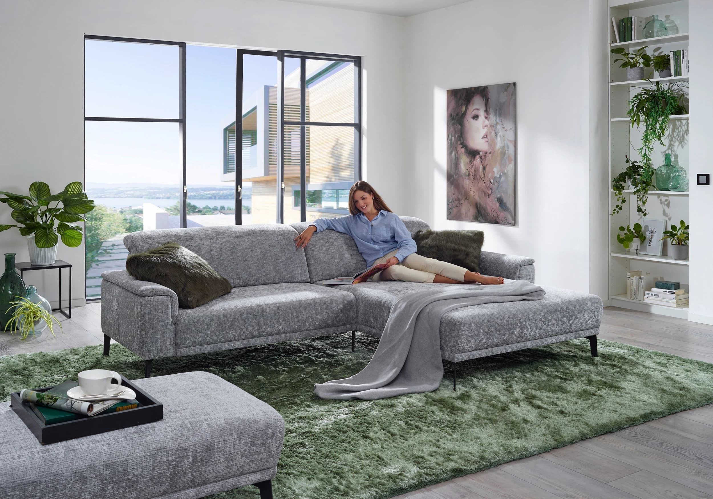 Ecksofa - 1-Sitzer mit Longchair rechts, Stoff, Silbergrau