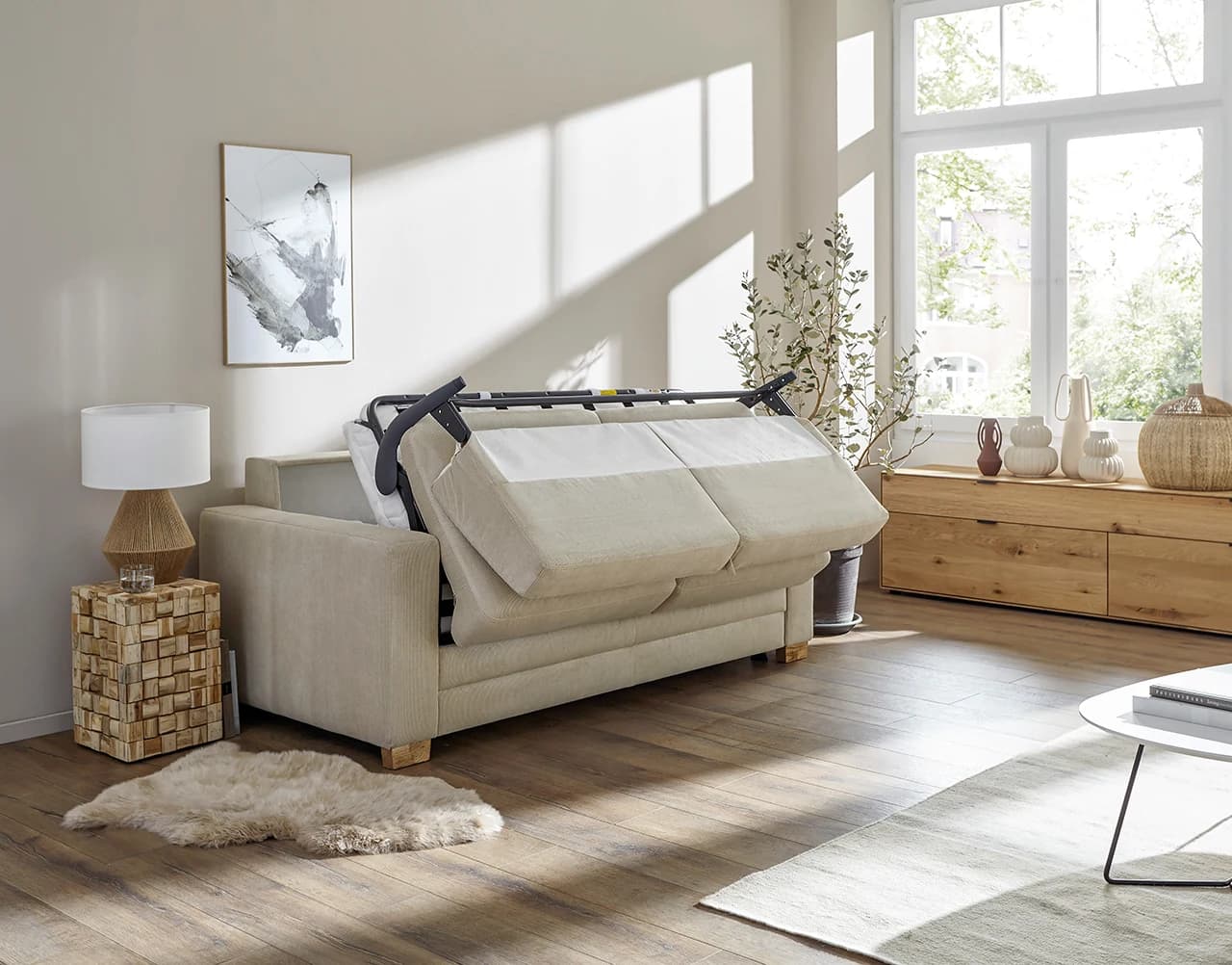 Sofa Lakeville 1 - 2-Sitzer inkl. Schlaffunktion, Gestell Schwarz, Stoff, Beige