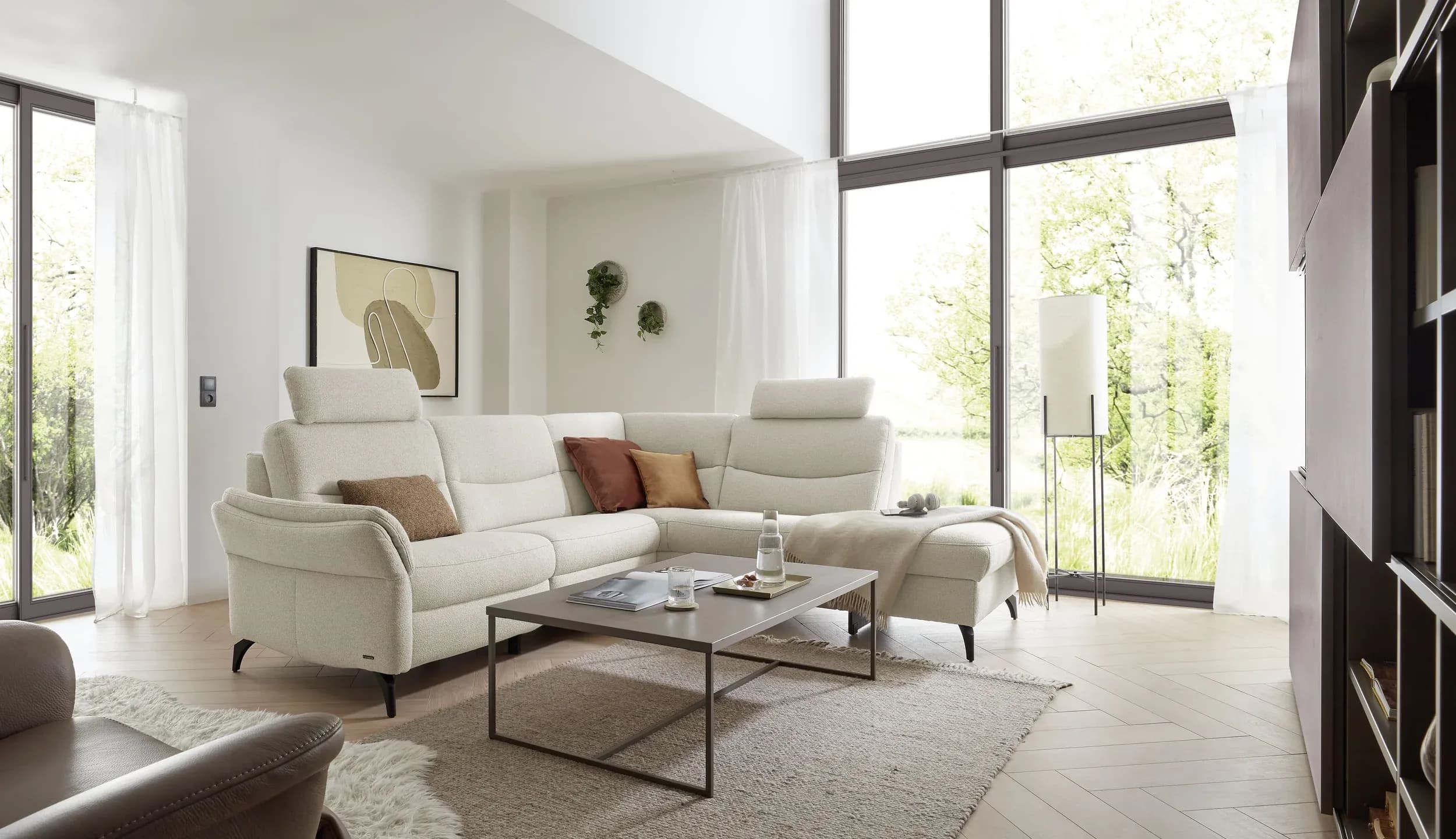 Ecksofa EM Amarante - mit Kopfstützen, Nackenkissen, Ecke links mit 3-Sitzer, Leder, beige