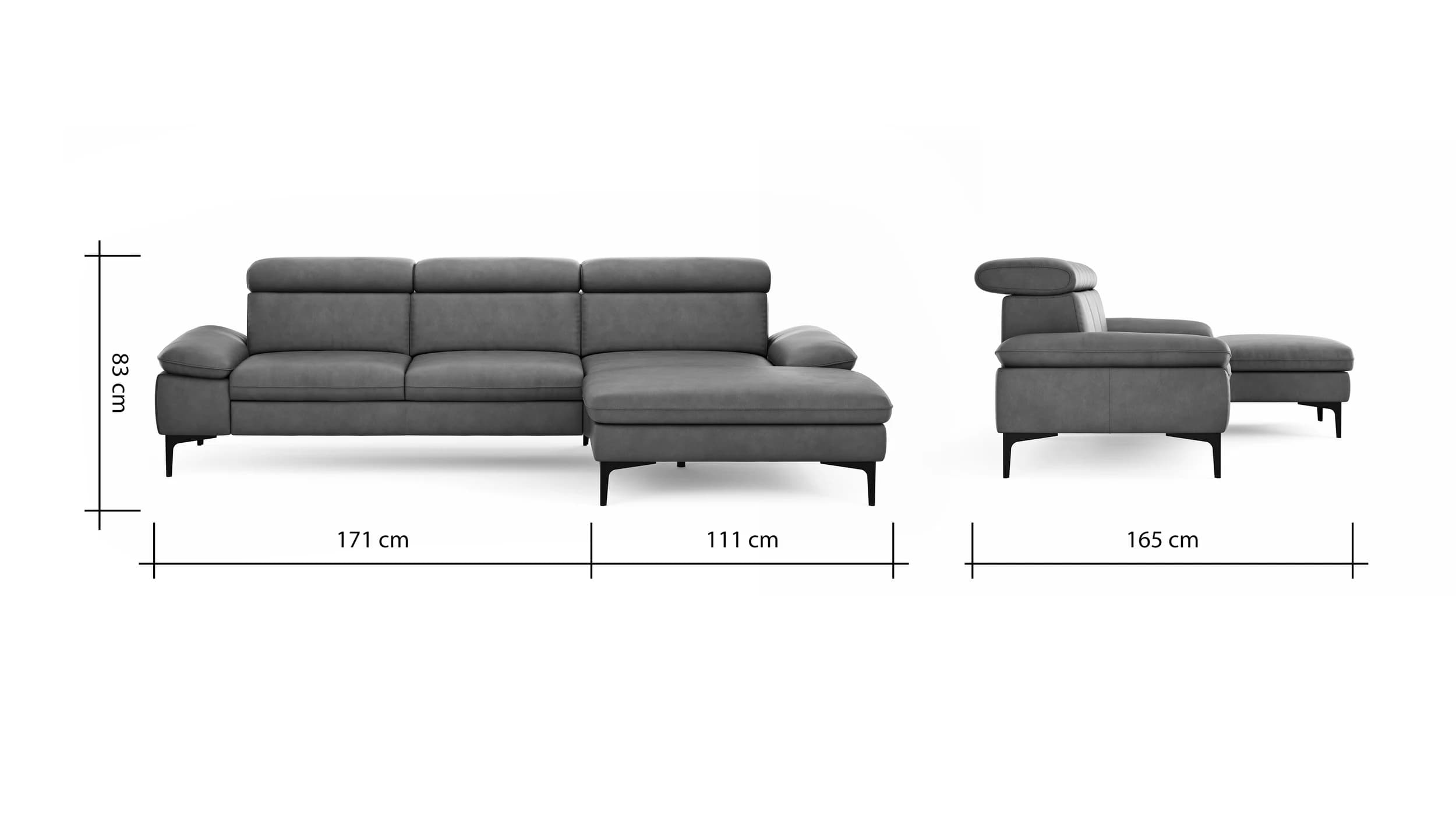Ecksofa Felipa - 2,5-Sitzer mit Longchair rechts inkl. Kopfteil verstellbar, Leder, Cognac