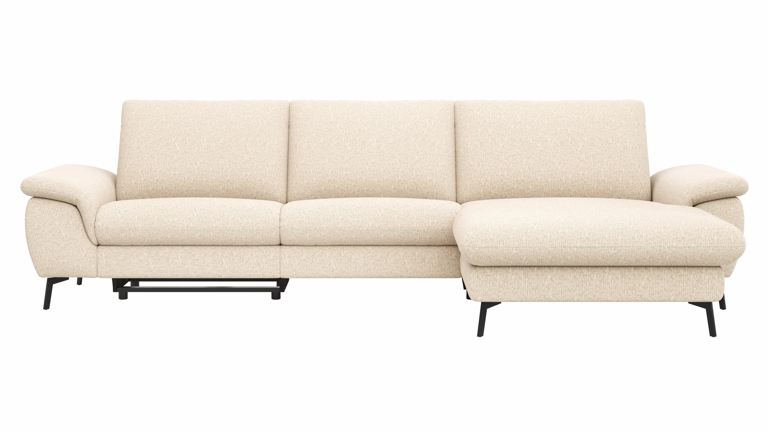 Ecksofa Gotera - 1,5-Sitzer med + 1,5-Sitzer med mit Longchair groß rechts inkl. Schlaffunktion (teilmotorisch), Armlehne klappbar, Rückenlehne verstellbar und einmal Relaxfunktion (teilmotorisch), Stoff, Creme