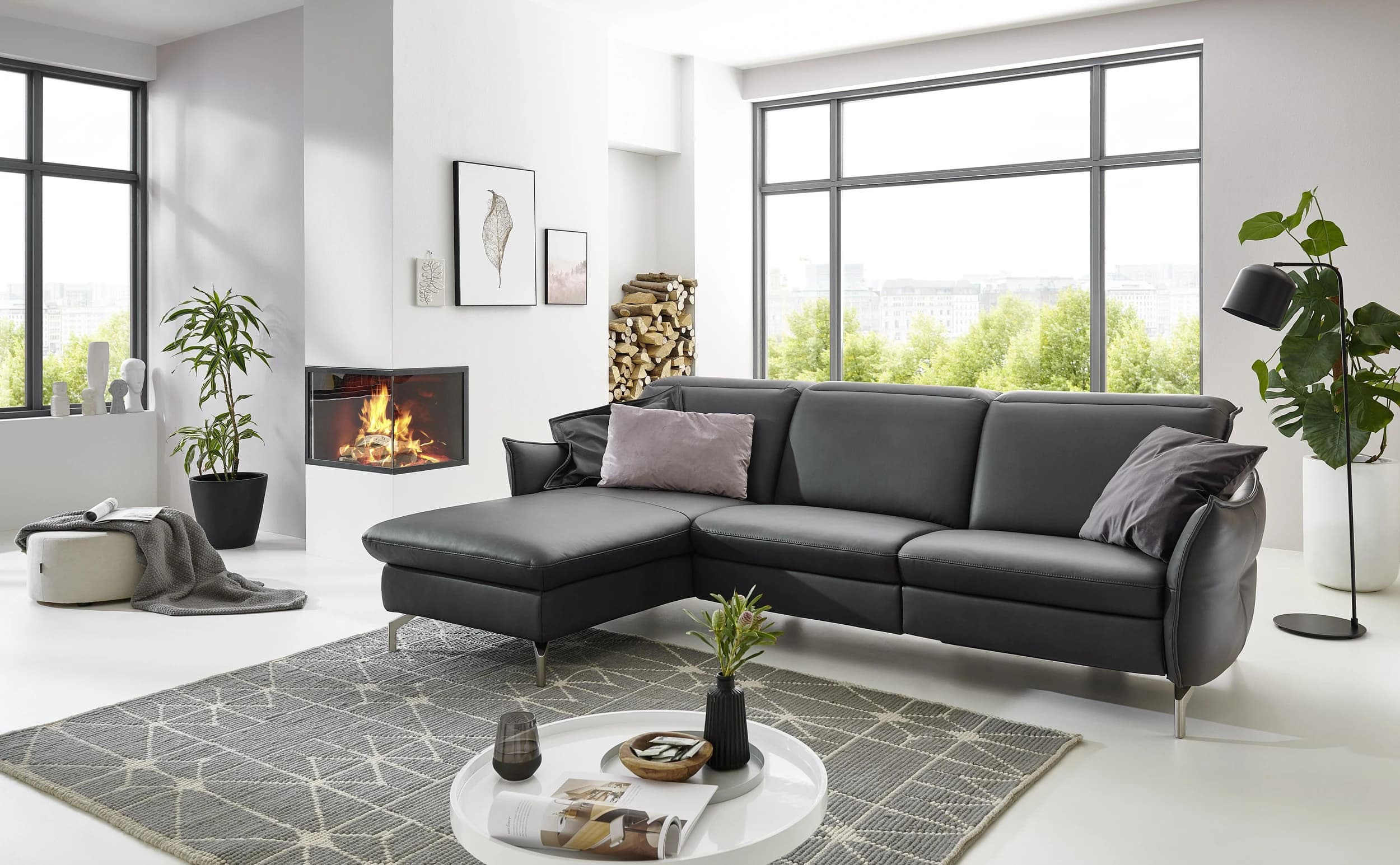 Ecksofa - Longchair links mit 2-Sitzer rechts, Leder, Anthrazit