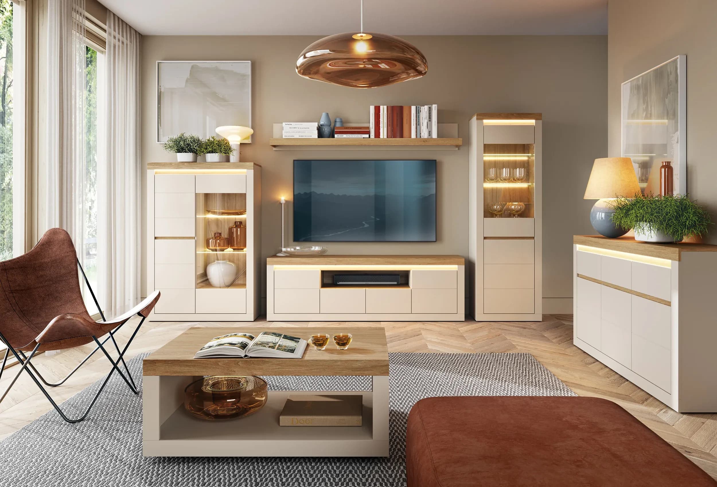 TV-Lowboard - mit Beleuchtung, B ca. 194 cm, Kaschmir, Stone Eiche Nachbildung