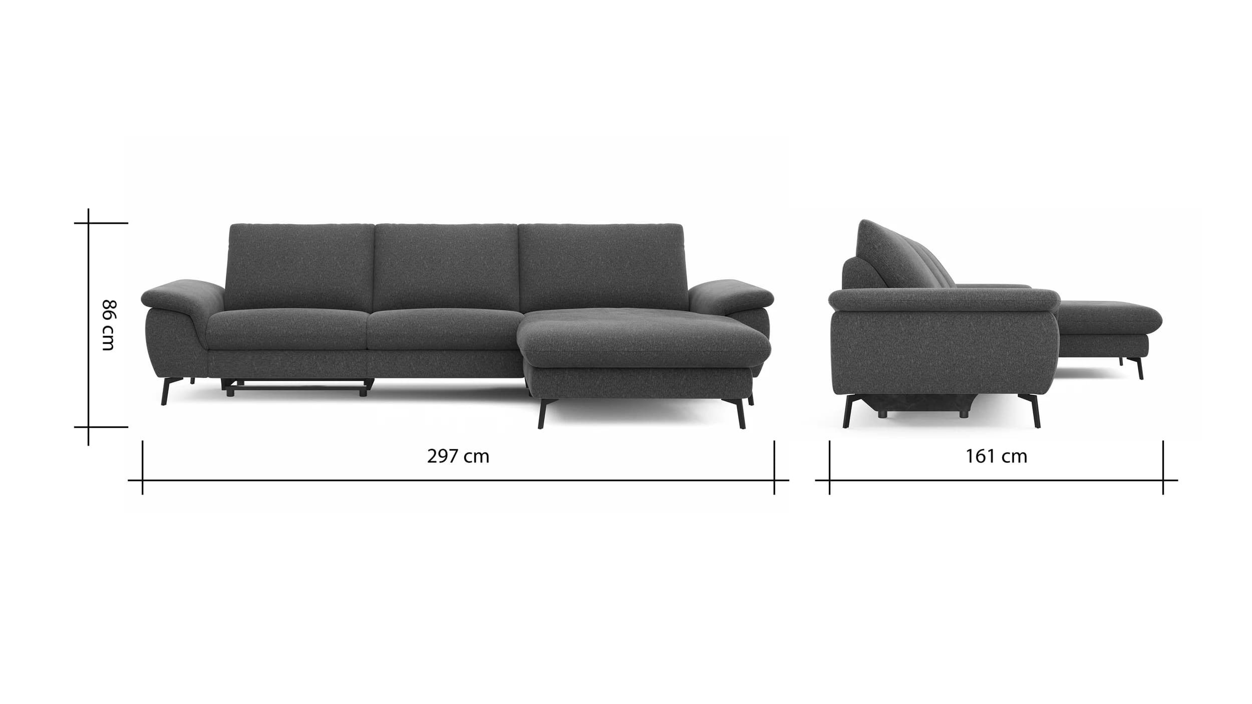 Ecksofa Gotera - 1,5-Sitzer med + 1,5-Sitzer med mit Longchair groß rechts inkl. Schlaffunktion (teilmotorisch), Armlehne klappbar, Rückenlehne verstellbar  und einmal Relaxfunktion (teilmotorisch), Stoff, Creme