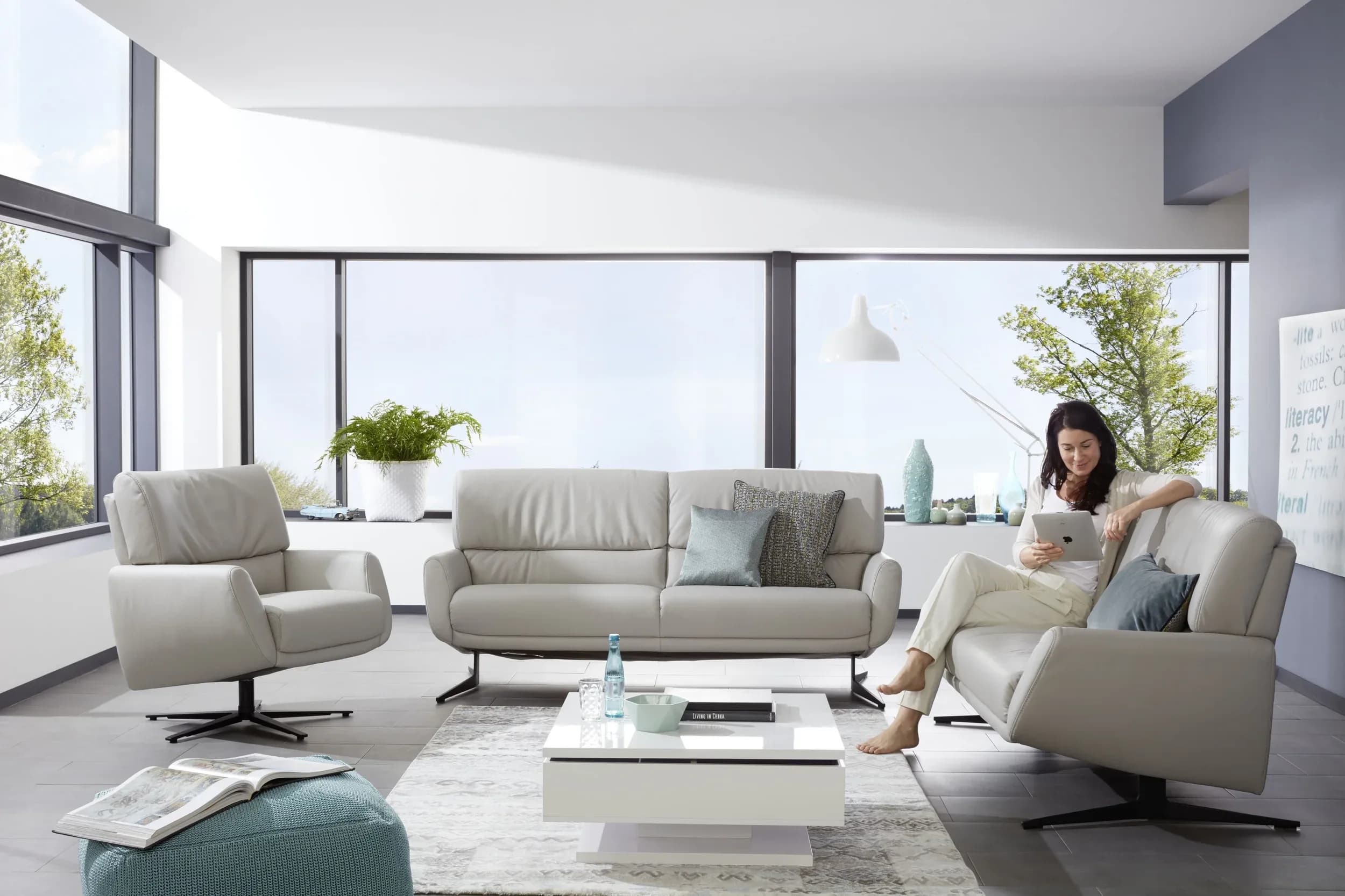 Sofa - 3-Sitzer, Leder, Silbergrau