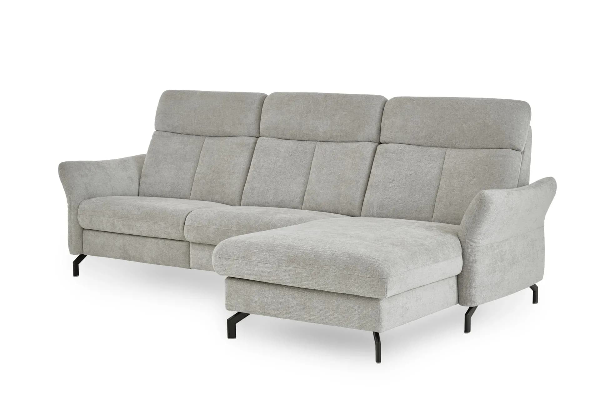 Ecksofa - 2-Sitzer mit Longchair rechts, Kopfteil verstellbar, Stoff, Silbergrau
