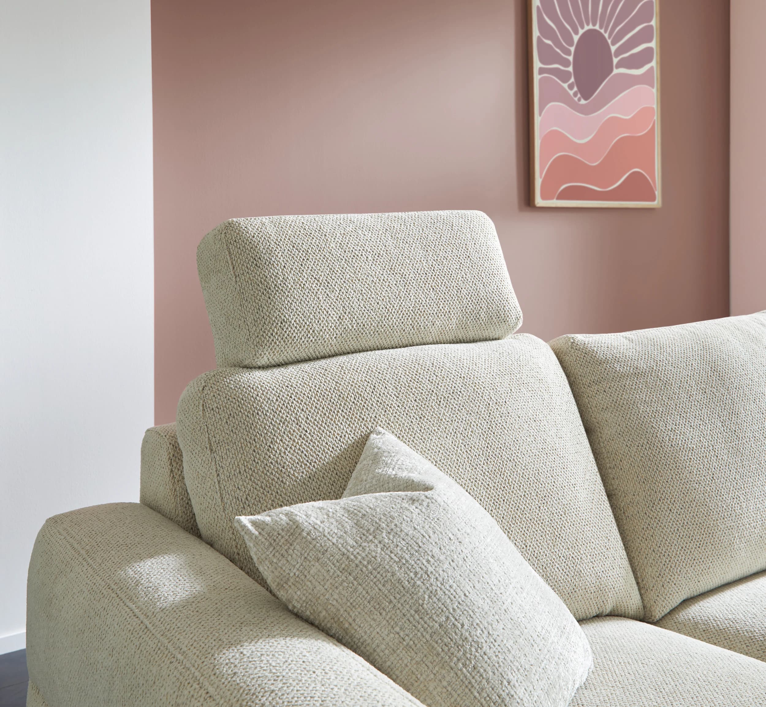 Ecksofa Leona - 2,5-Sitzer mit Ecke rechts inkl. Relaxfunktion motorisch, Stoff, Creme 
