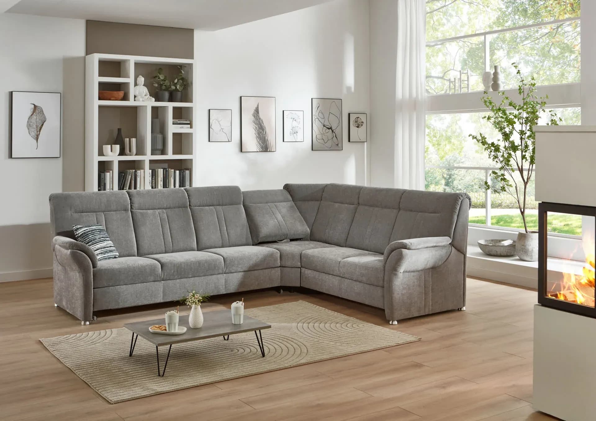 Ecksofa - 3-Sitzer mit Ecke rechts, Schlaffunktion mit Bettkasten, Stoff, Grau