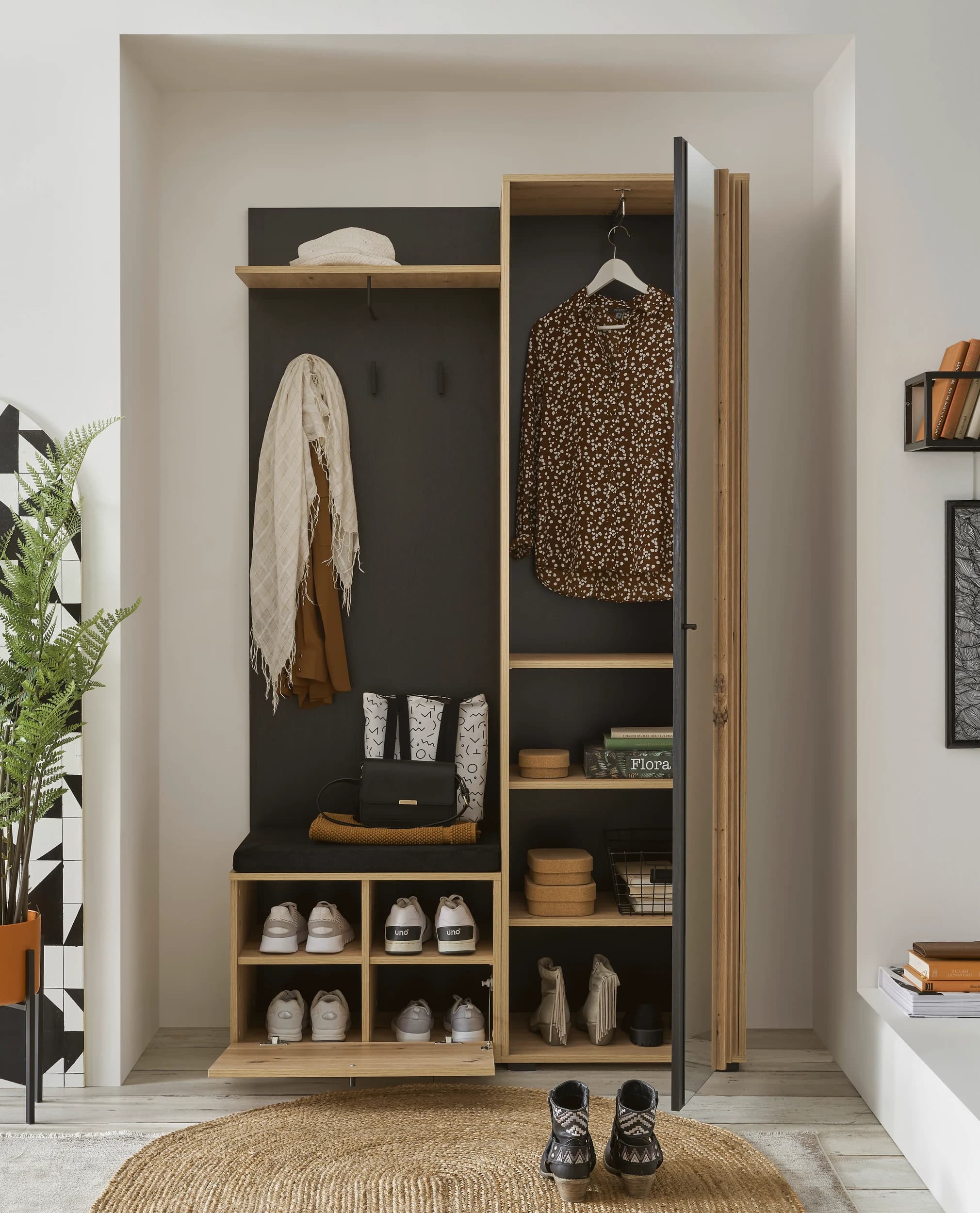 Kompaktgarderobe- Eiche Dekor, Schwarz