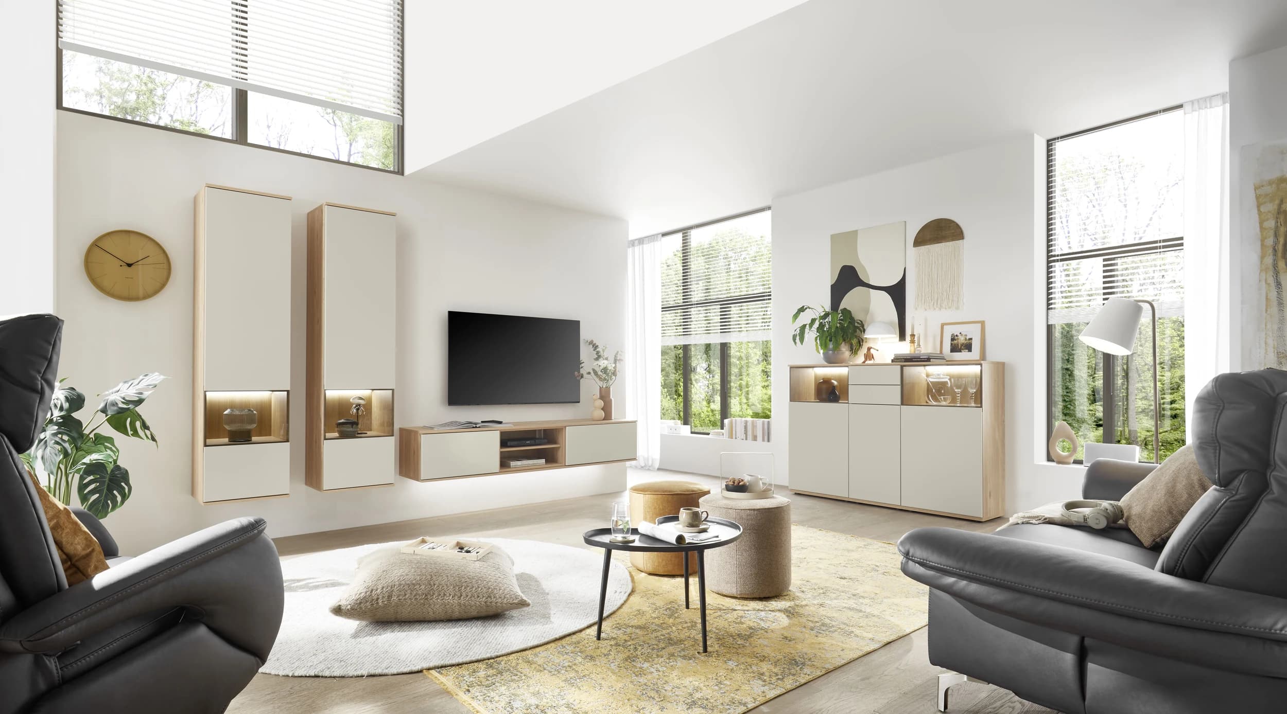 Wohnwand EM Gradina - mit Beleuchtung, Risseiche, Sandbeige