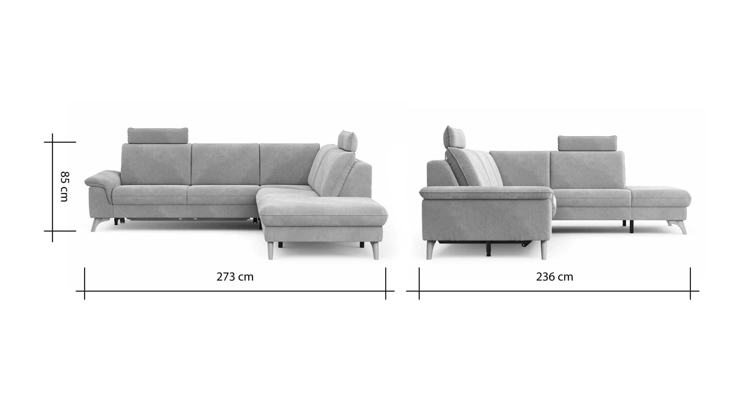 Ecksofa Tulsa KS - 2,5-Sitzer, Spitzecke und 1,5-Sitzer mit Anstellhocker aufklappbar rechts, inkl. Kopfstütze, AL verstellbar und Schlaffunktion, Stoff, Graubeige