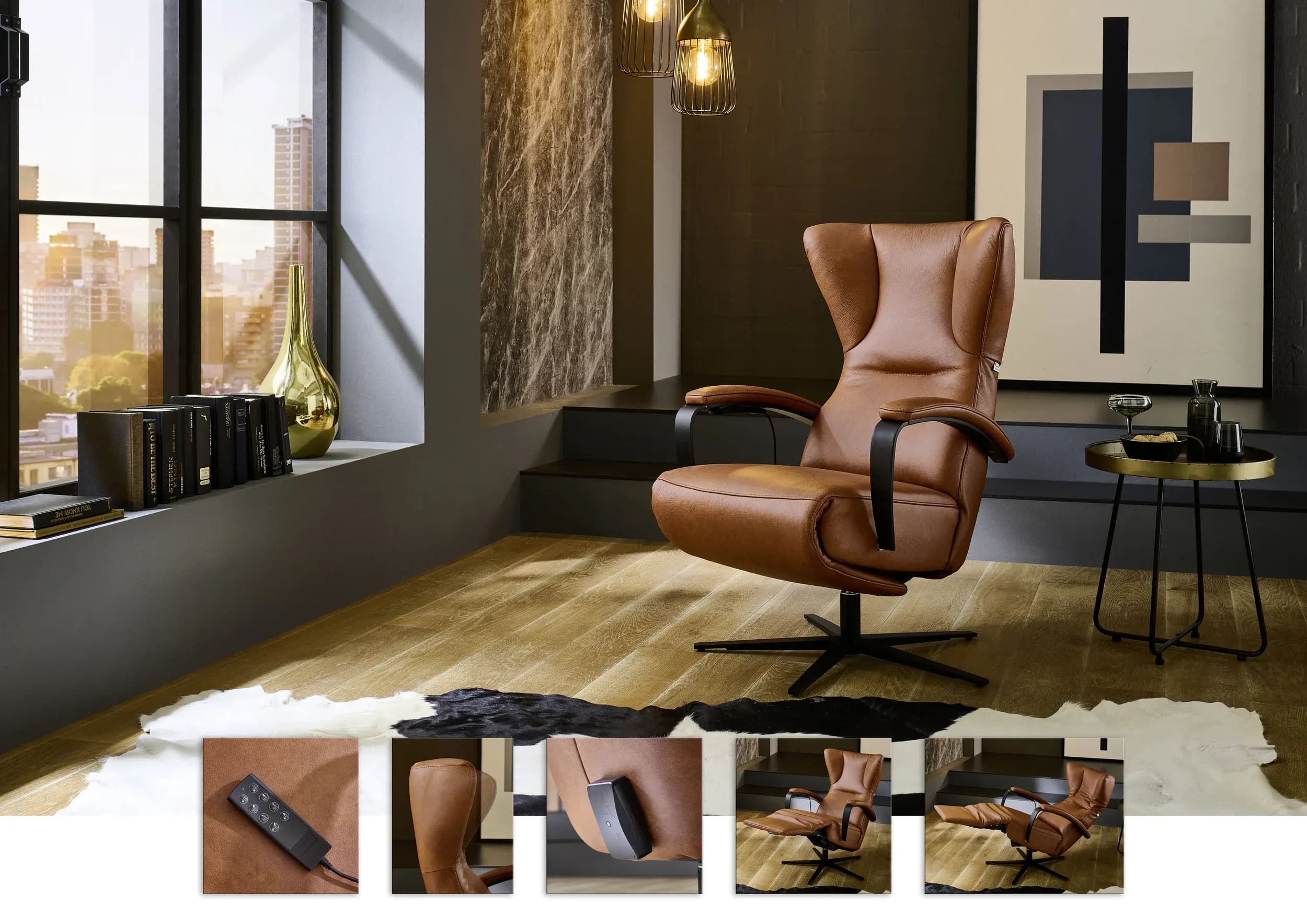 Sessel - GR.L, Relaxfunktion motorisch, Leder, Cognac