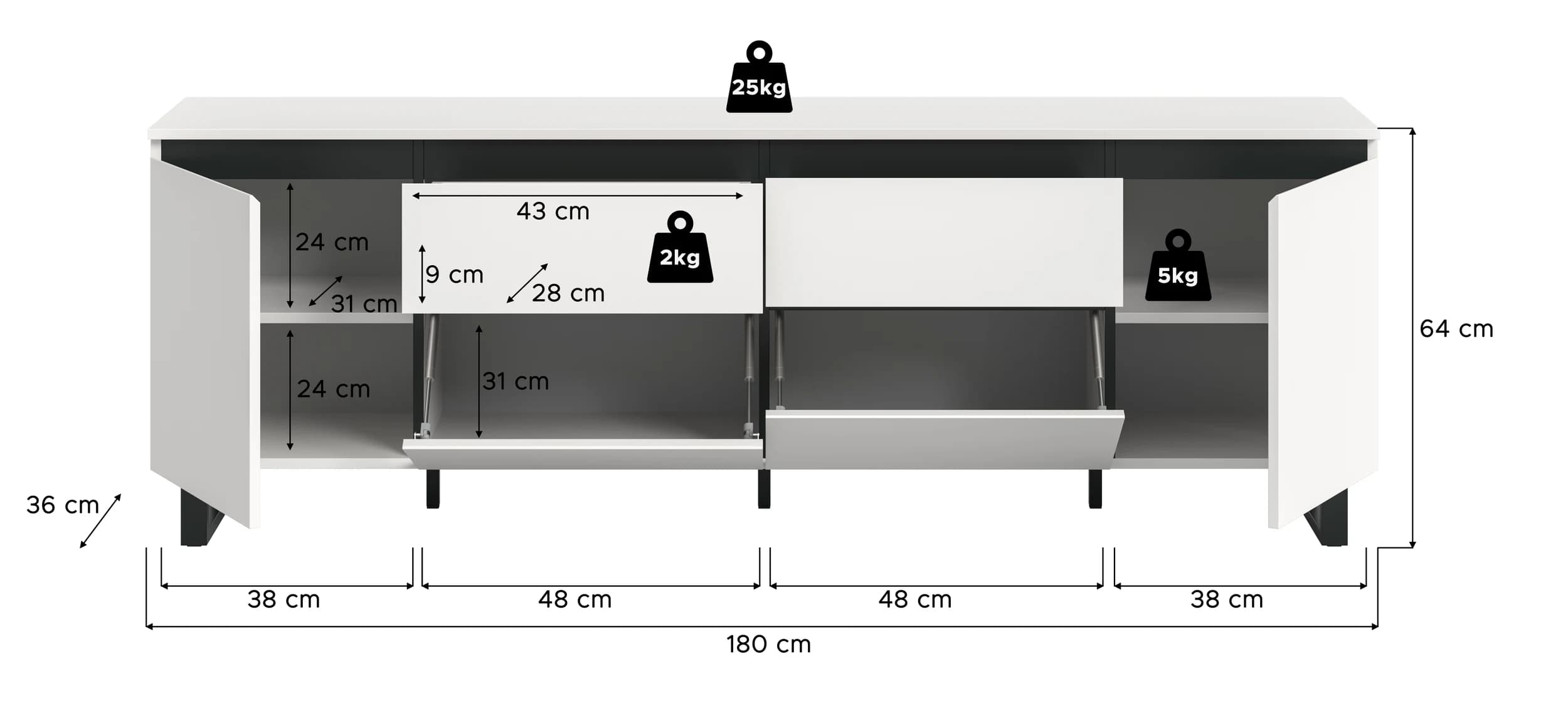 Lowboard - B ca. 188 cm, Weiß, Schwarz
