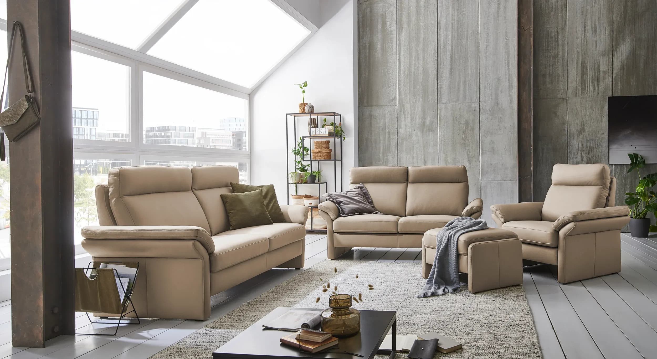 Sofa EM Dublin 2.0 - 3-Sitzer inkl. Armlehne verstellbar, Leder, Taupe