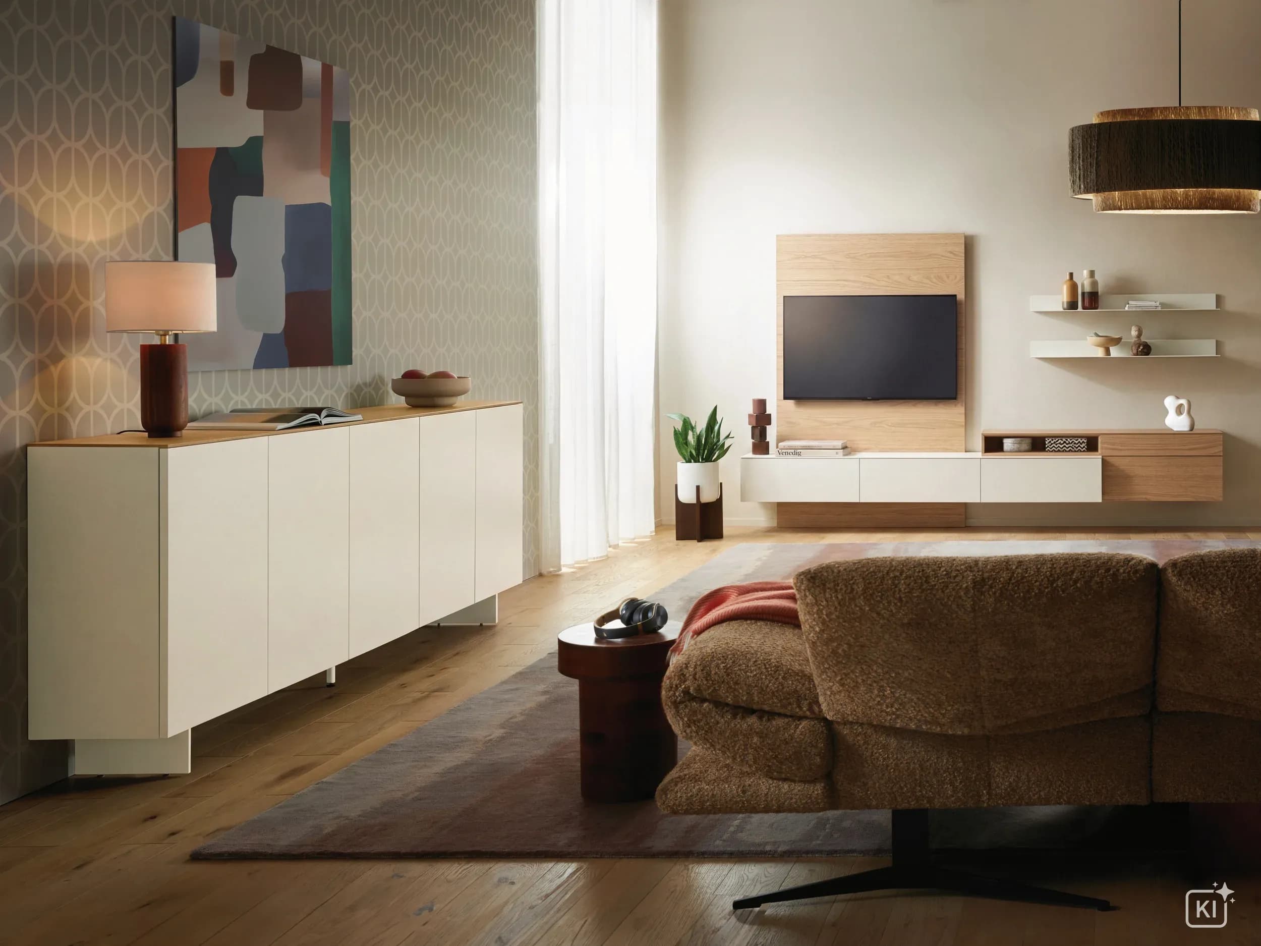 Wohnwand Satola -  Lack creme, Eiche furniert