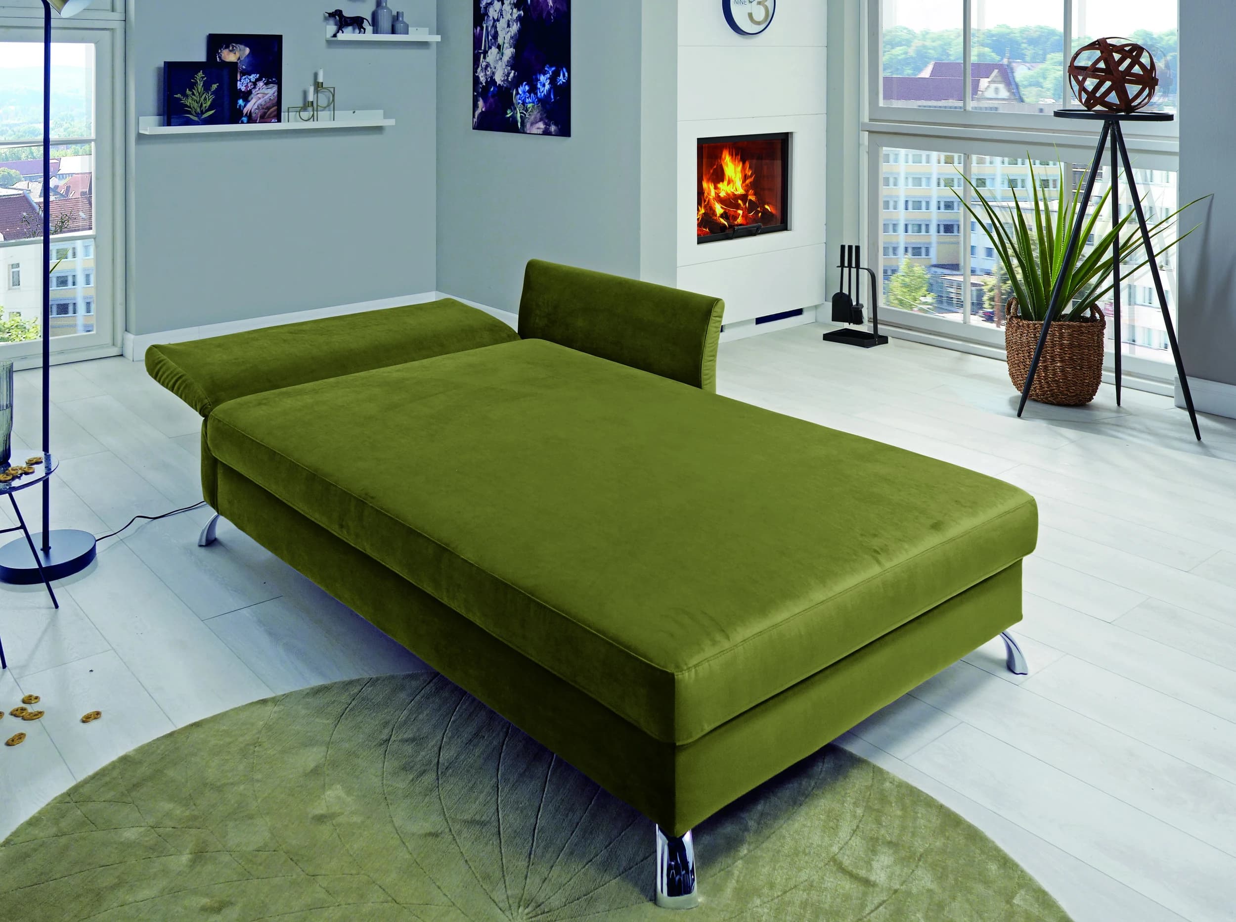 Schlafsofa - inkl. Rückenkissen, Rücken verstellbar (manuell), Bettkasten, Velourstoff, Olive, Blumig